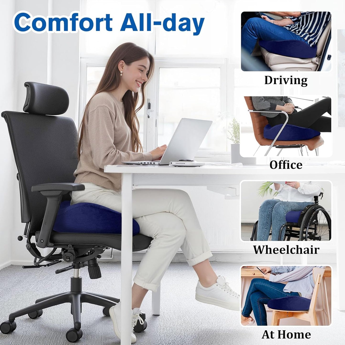 Seat Cushion, Gel Chair Cushions, Office Chair Cushions, Anti-Slip Bottom & Removable Cover Tailbone Pain Relief Cushion, Memory Foam Seat Cushion, 5.28 in Thick (Blue)