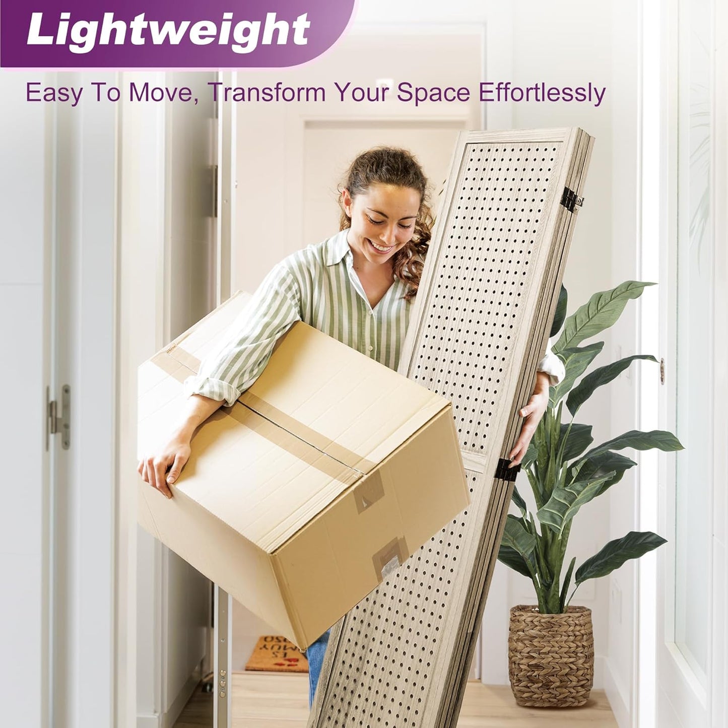 Room Divider, 5.6FT Folding Room Divider Panel, 4 Panel Pegboard Display Wood Partition Wall Divider for Room Separation& Craft Shows, Natural Wood