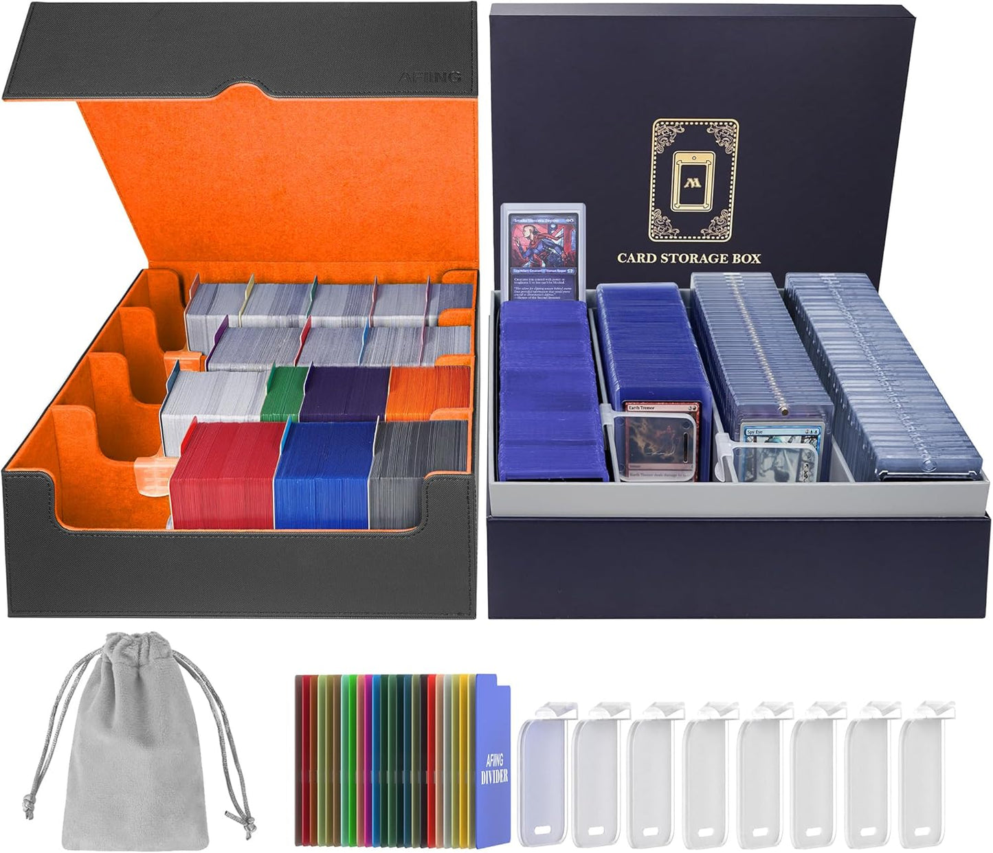 AFIING Trading Card Storage Box 6000+ Capacity – DIY Toploader Case w/ 24 Dividers & 8 Supports, Fits 3x4 Rigid Card, Deck Box for MTG TCG Sports Cards– Black & Orange