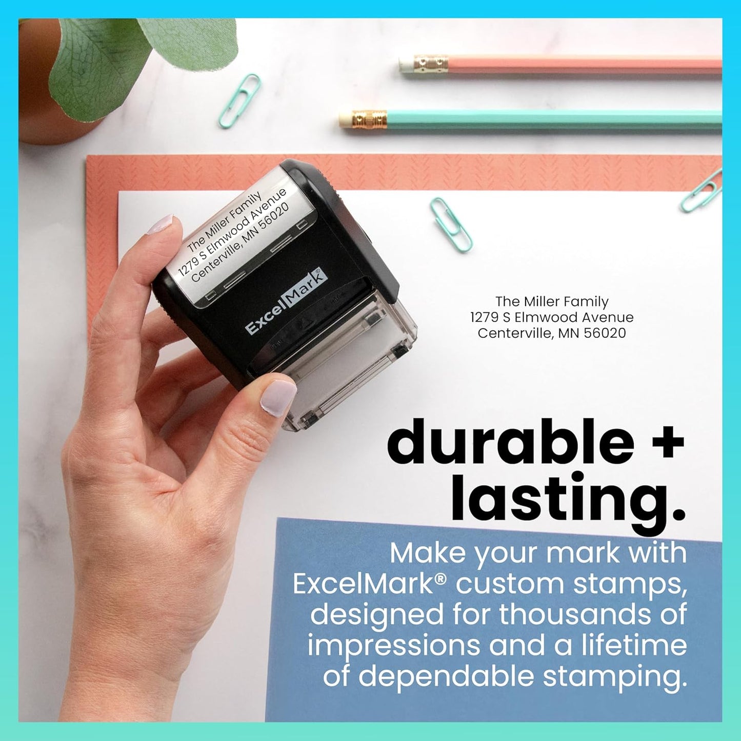 ExcelMark Custom Stamp – Clear & Crisp Impressions – Personalized Self-Inking Rubber Stamp – Use for Address Stamp and More (Medium)