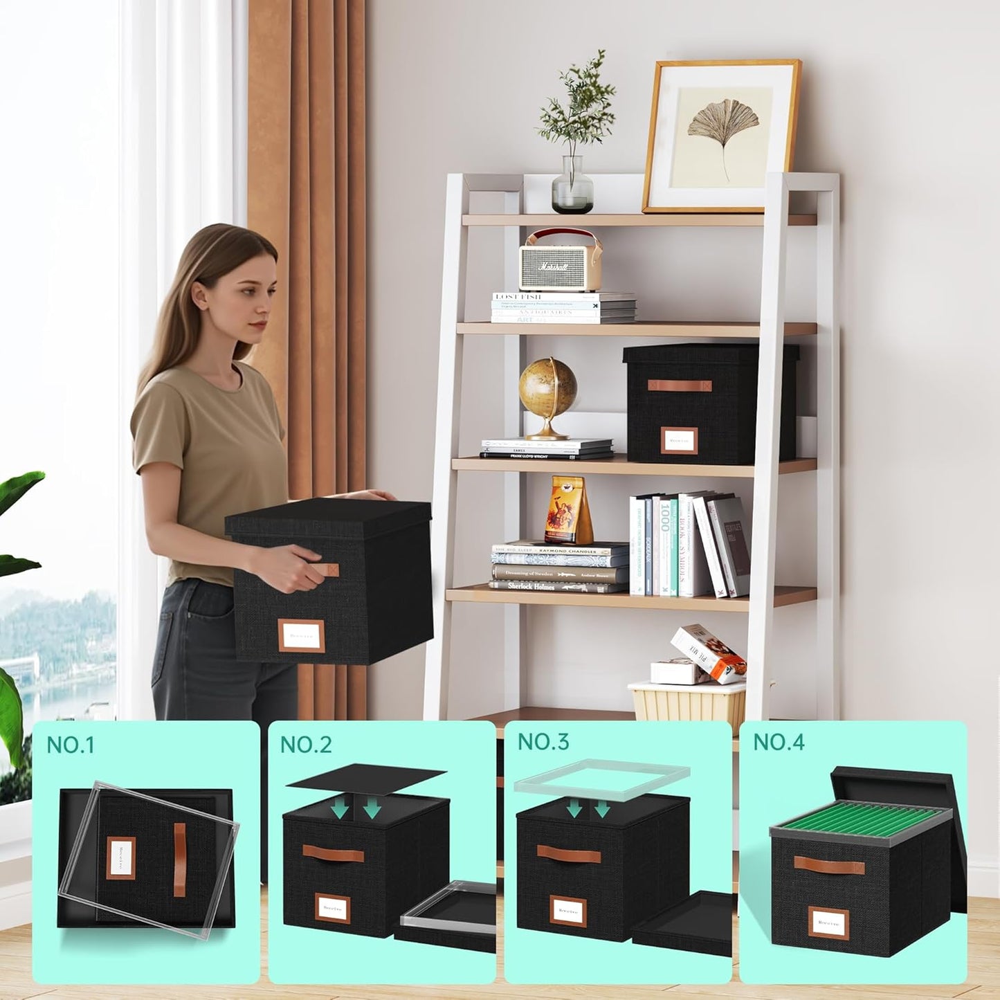 File Box for Hanging, File Organizer Box with Lid Decorative File Folders Organizer with One-Piece Integrated Plastic Slide Rail (Black, 13.2x10.1x10.1inch(2pack))