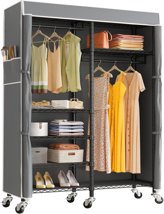 VIPEK R4C Rolling Garment Rack 6 Tiers Adjustable Heavy Duty Wire Shelving Portable Clothes Rack with Lockable Wheels, Black Metal Clothing Rack with Grey Upgraded Polyester Cover, Max Load 620lbs