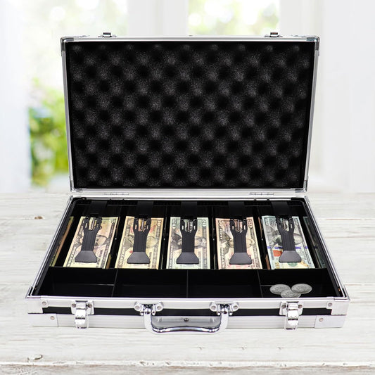 Large Cash Box with Money Tray, Lockable Money Box for Cash, Large Cash Organizer with 5 Compartment Spring-loaded Cash Trays and 4 Coin Trays