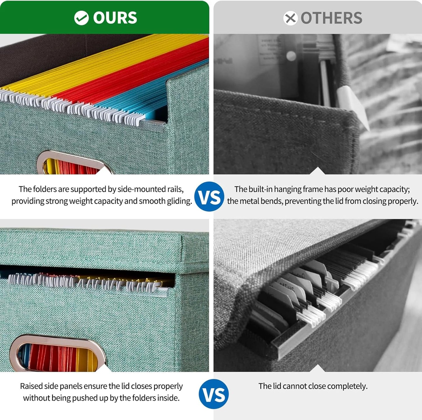 4 Pack Hanging File Folders Organizer with Lid, Letter Size Fabric File Storage Box Collapsible, Portable Office Document Holder with Metal Handle, Smooth PVC Rails, Green