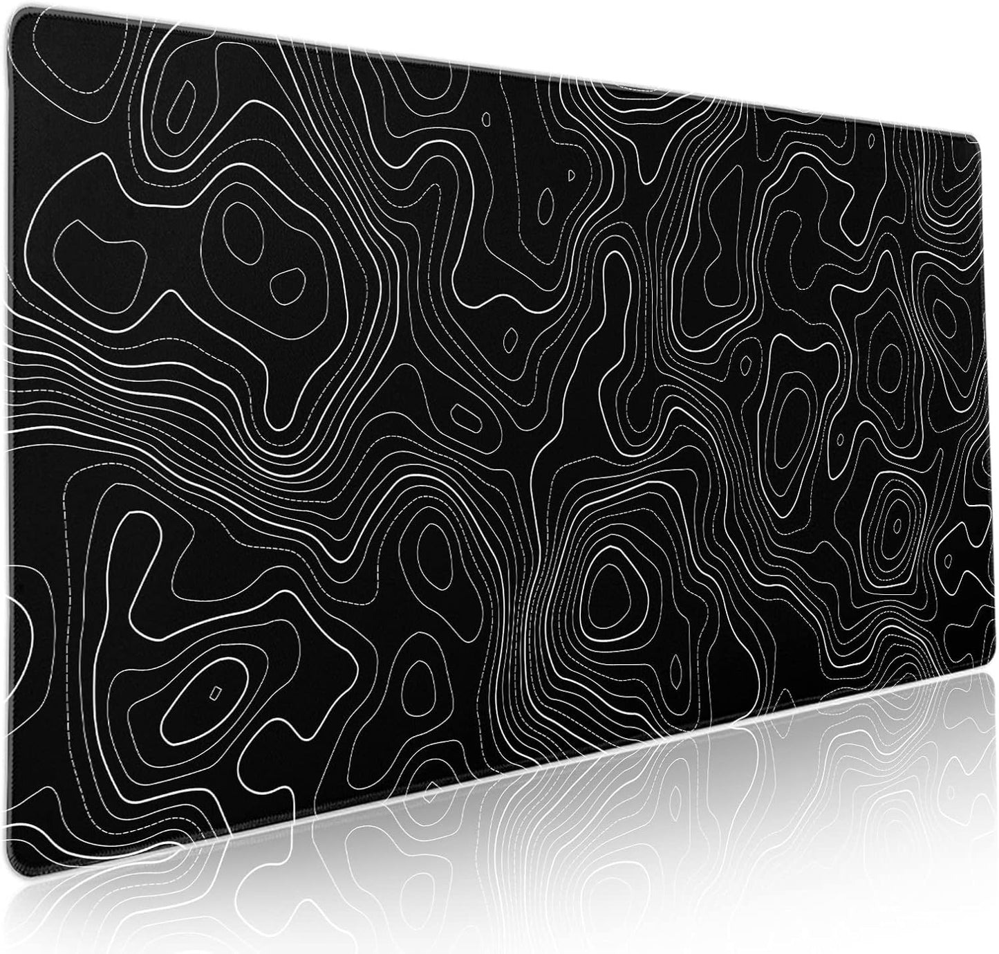 Topographic Contour Black Gaming Mouse Pad XXL Topo Geographic Map Lines Extended Large Mouse Pad Big Desk Mat Non-Slip Rubber Base Stitched Edge Long Mousepad for Desktop Office Desk,35.4 x 15.7 in
