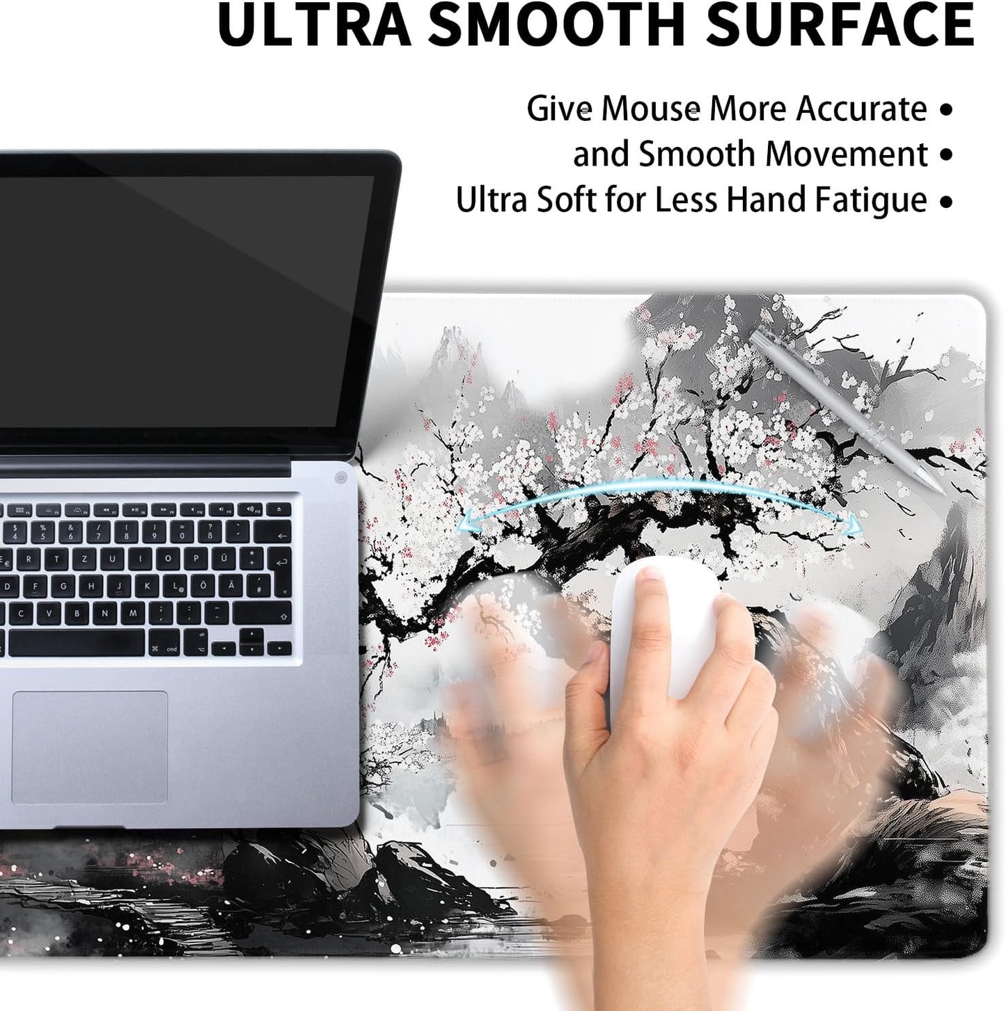 Black Whtie Japanese Gaming Mouse Pad XL Anime Sakura Cherry Blossom Tree Extended Large Mat Mousepad Desk Pad Non-Slip Rubber Base Stitched Edge Long Keyboard Pad for Computer,31.5×11.8 Inch