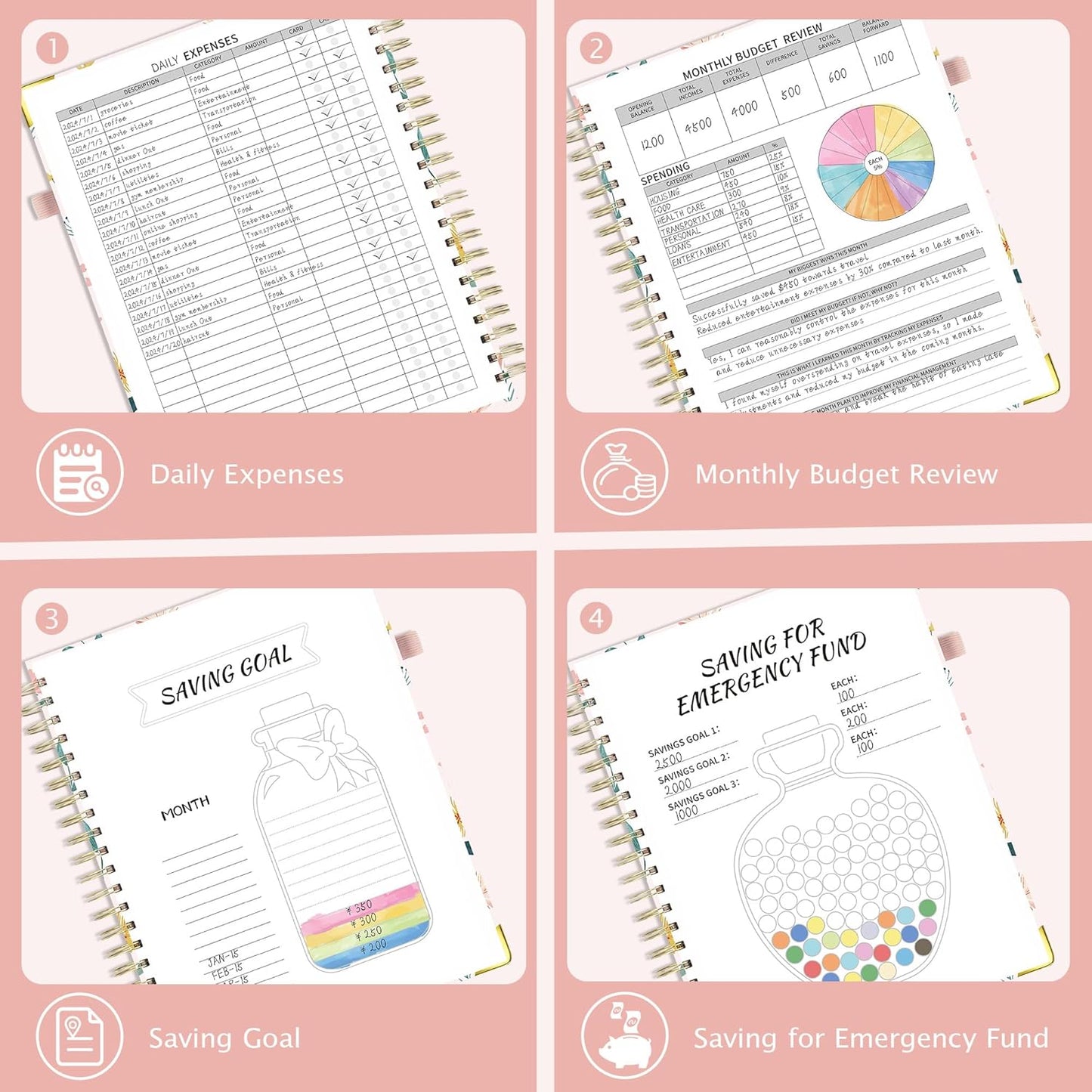 Ospelelf Budget Book Planner 8.5"x11" Large Size Undated Monthly Bill Payment Tracker Organizer Account Financial Planners with Clipboard Pockets Stickers 12 Months Productivity Aesthetic Pink Flowers