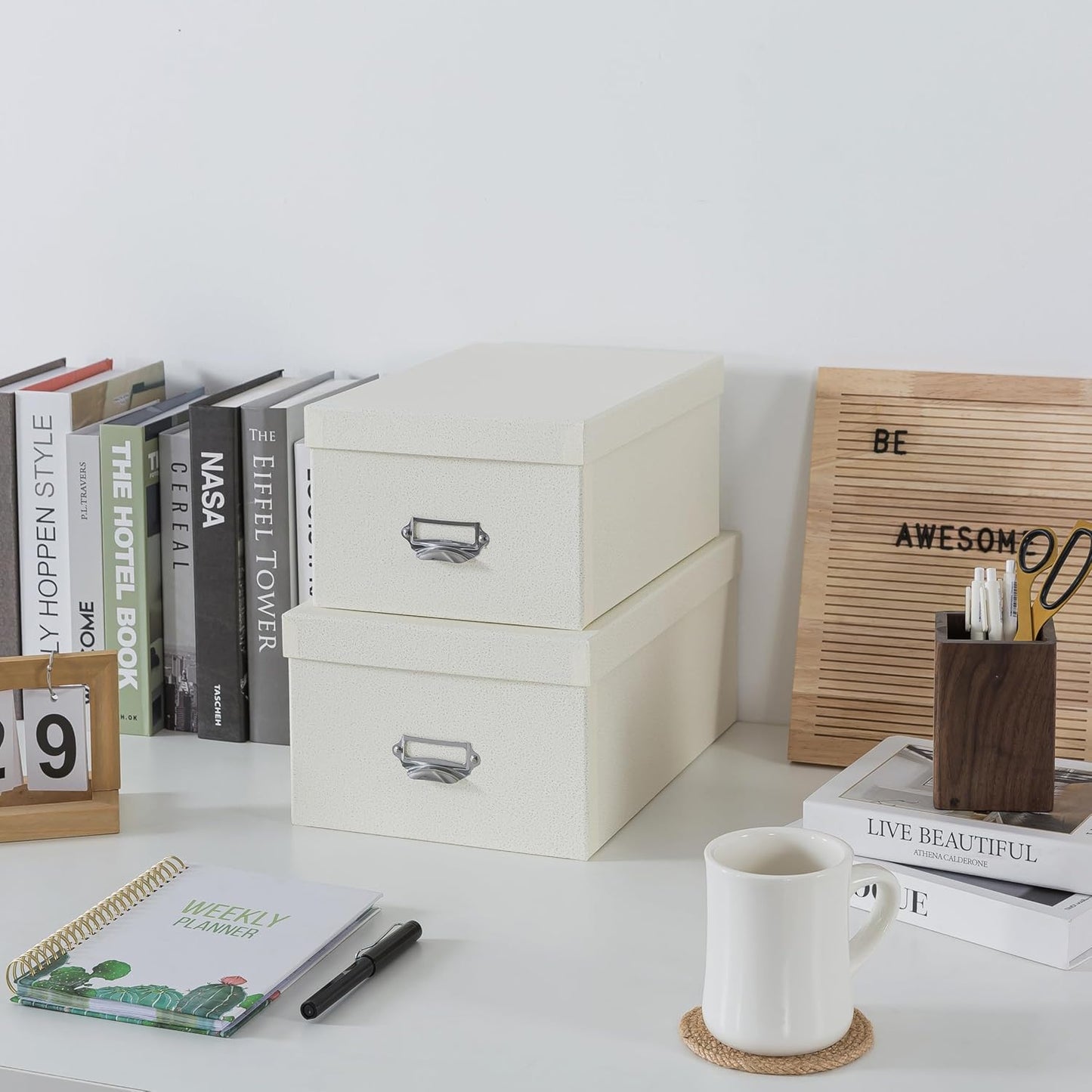 Soul & Lane Decorative Cardboard Storage Boxes with Lids, Set of 2 Stacking Keepsake Photo and Memory Boxes for Home & Office, Paperboard Organizers with Label Holders and Drawer Pulls, Cream White