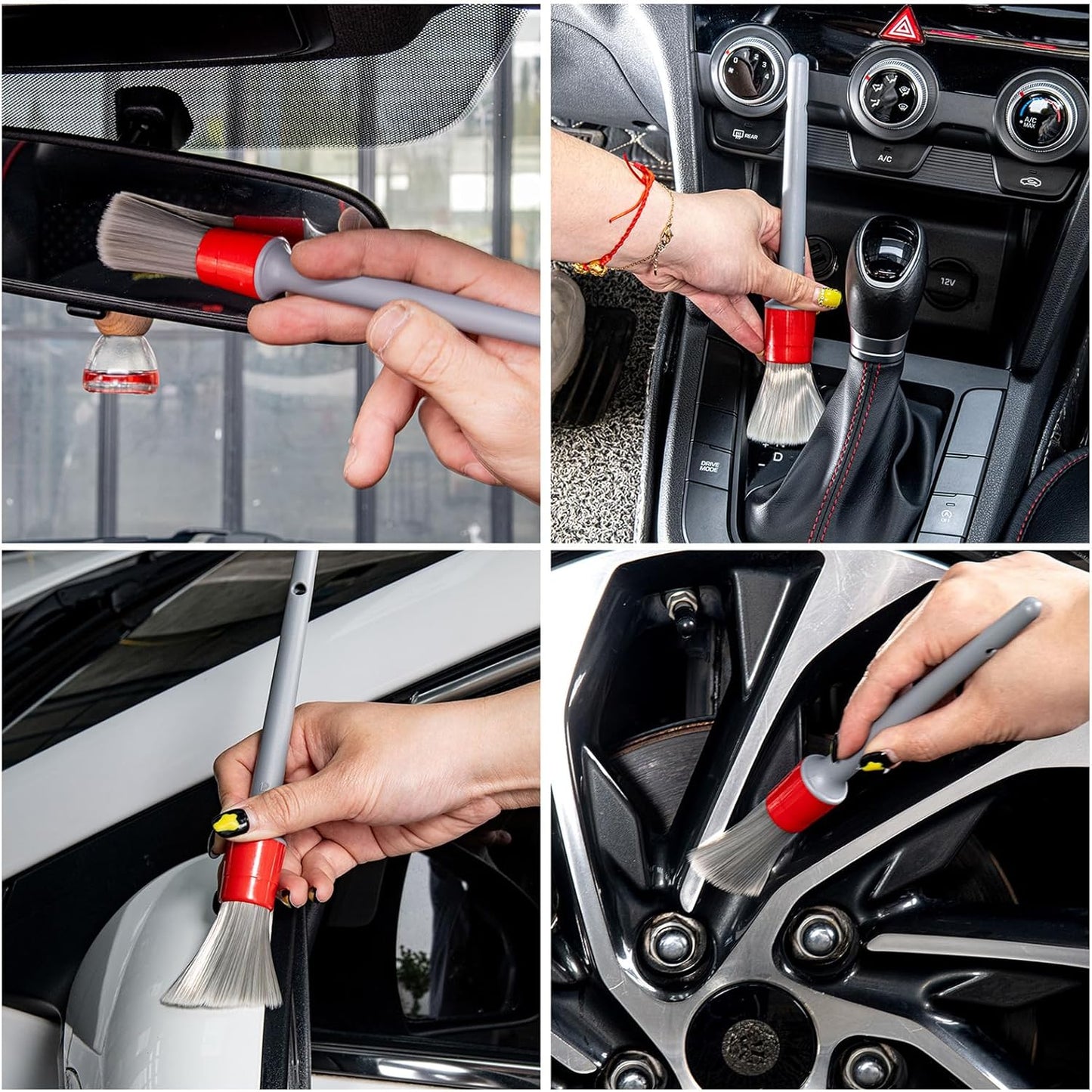 Detailing Brush Set - 5 Different Sizes Premium Natural Boar Hair Mixed Fiber Plastic Handle Automotive Detail Brushes for Cleaning Wheels, Engine, Interior, Air Vents, Car, Motorcy Grey