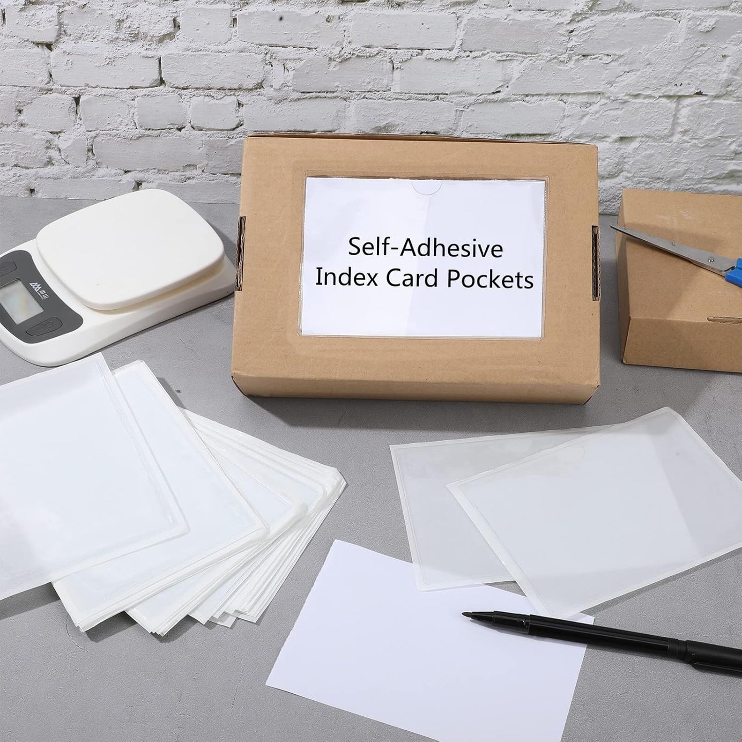 Outus 500 Pack Self Adhesive Index Card Holder Clear Plastic Label Pockets with Top Open for Loading Sticky Business Card Sleeves for Storage Bins Library Organizing Photo Protecting(4.33 x 6.3 Inch)