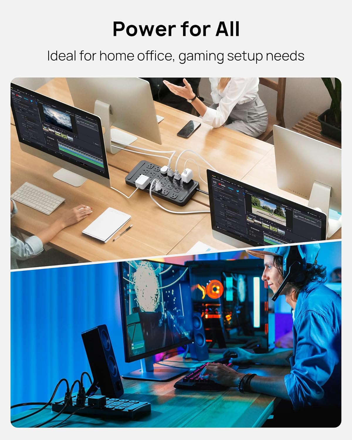 TROND Surge Protector Power Strip 360° Rotating Flat Plug, 24 AC Outlets, 4000 Joules, 10ft Heavy Duty Extension Cord 1875W, ETL Listed, Ideal for Gaming Office Home Dorm Room Essentials Black