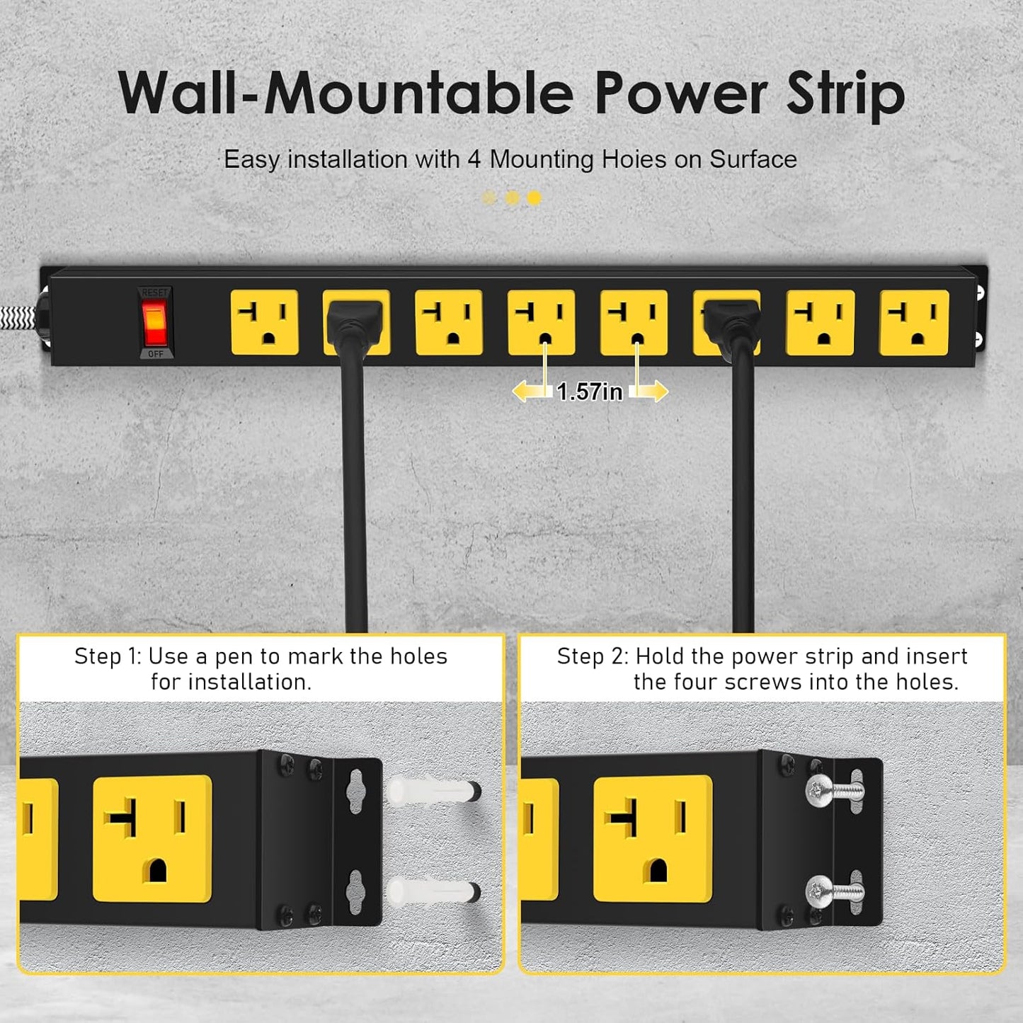 20Amp Power Strip Surge Protector, Long Metal 8-Outlets with Heavy Duty 20 amp 6Ft 12 Gauge Extension Cord for Garage Workshop & Industrial Use, 1200J