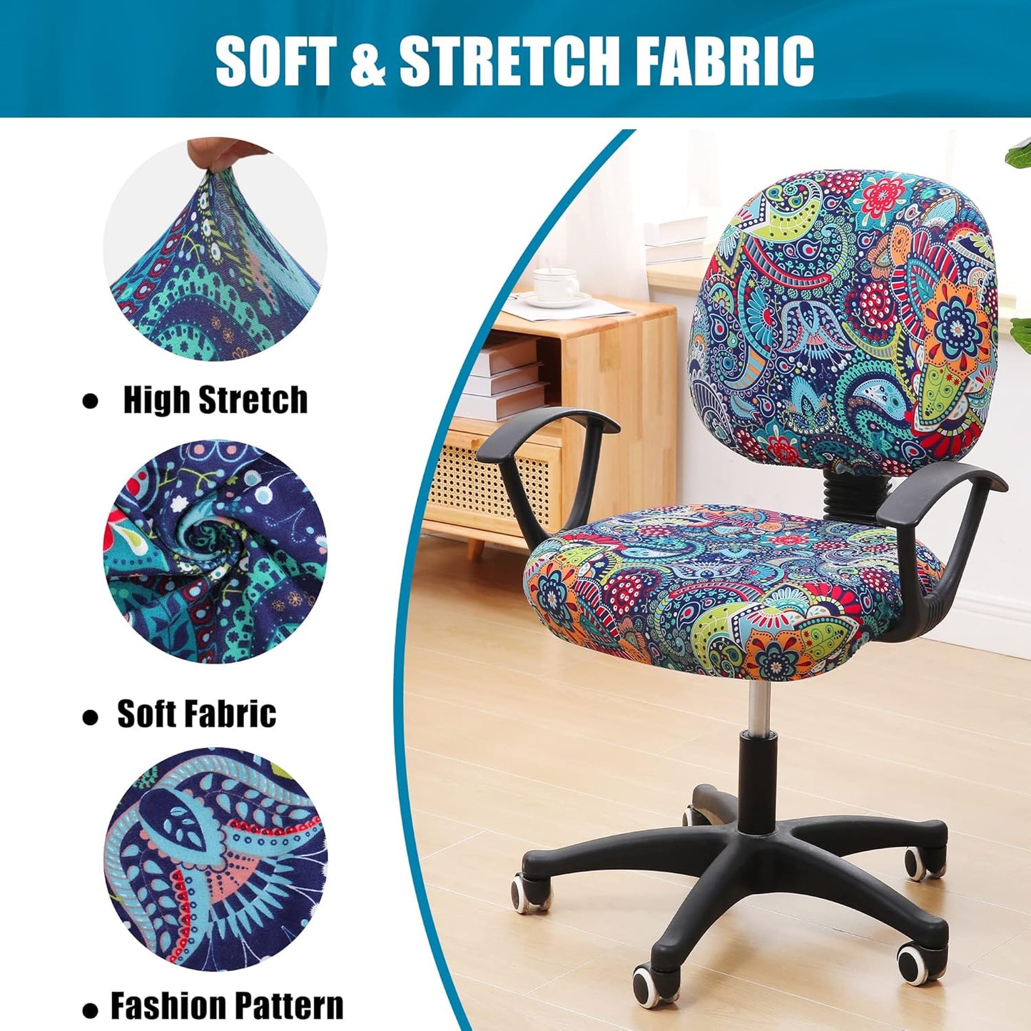 Smiry Stretch Printed Office Computer Chair Covers, Universal Washable Removable Desk Rotating Chair Slipcovers Protector, Seat + Backrest Cover - Blue Green