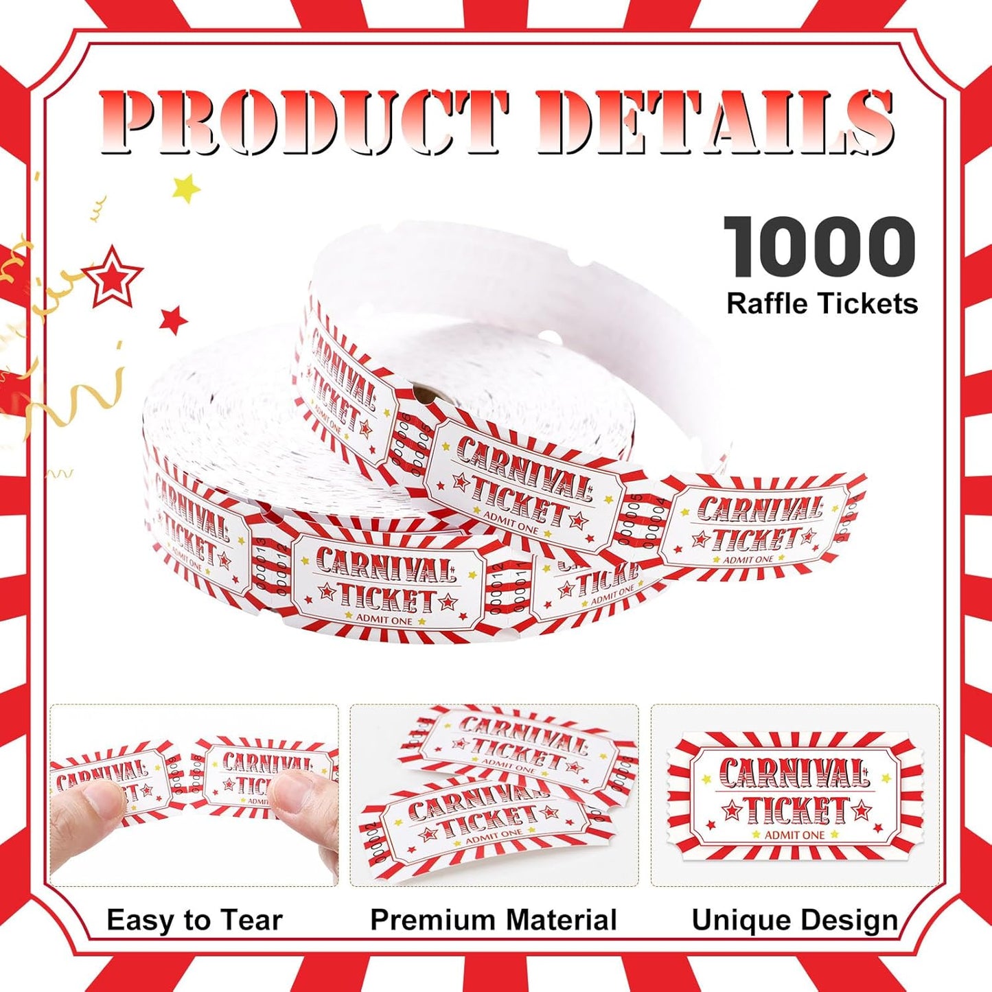 1000 Pcs Carnival Tickets Carnival Theme Party Decorations Circus Red White Color Raffle Tickets Roll Party Ticket for Events Carnival Favors Supplies