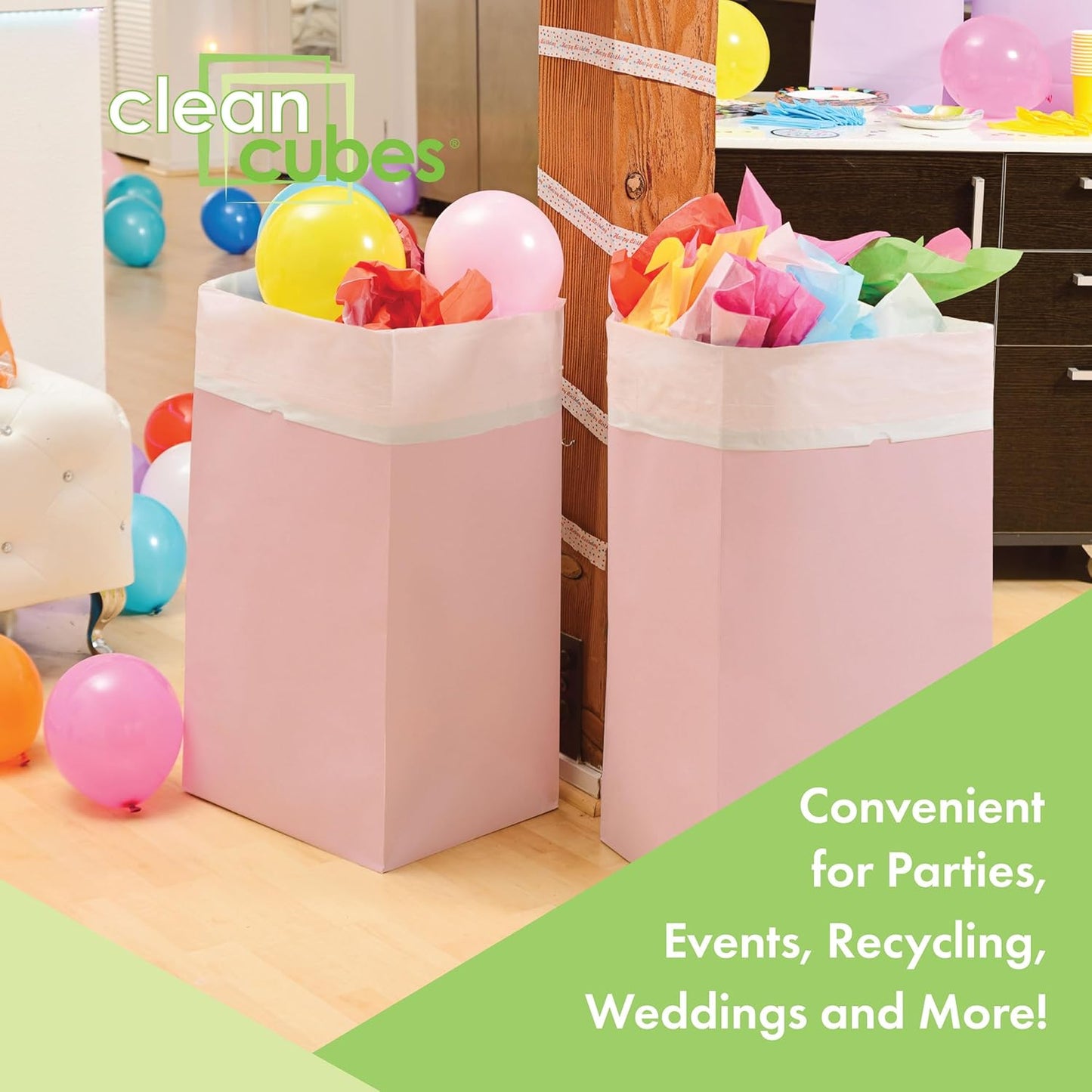 | 30 Gallon Disposable Trash Cans (3-Pack) with Fitted Trash Bags - Reusable Garbage and Recycling Bins for Parties, Events, and More (Pink- 30” Height x 17” Width x 14” Depth)