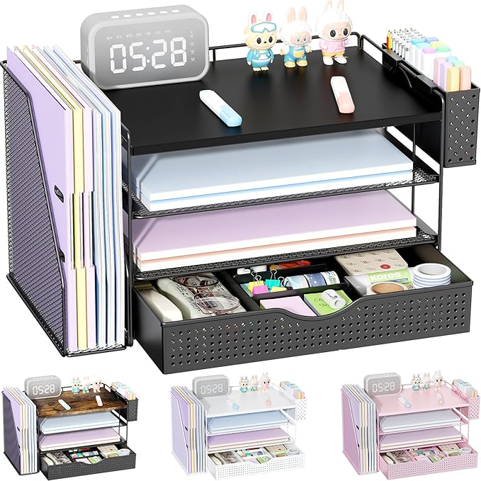 gianotter Wood Desk Organizers and Accessories with File Holder, 4-Tier Desk Accessories & Workspace Organizers with Drawer and Pen Holder, Paper Organizer for Office Supplies (Black)