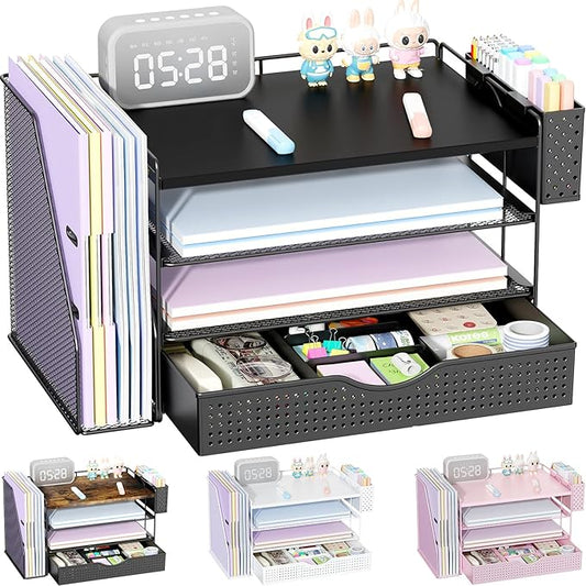 gianotter Wood Desk Organizers and Accessories with File Holder, 4-Tier Desk Accessories & Workspace Organizers with Drawer and Pen Holder, Paper Organizer for Office Supplies (Black)