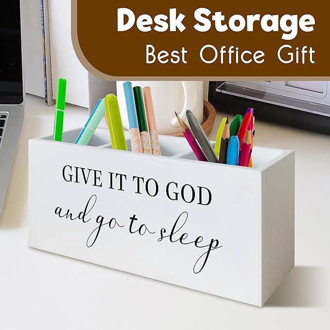 Give it To God and Go To Sleep Christian Sign Pen Holder for Bedroom Decor Desk Shelf, Prayer Sign Christian Gifts for Women Religion Decor Wooden Pencil Organizer