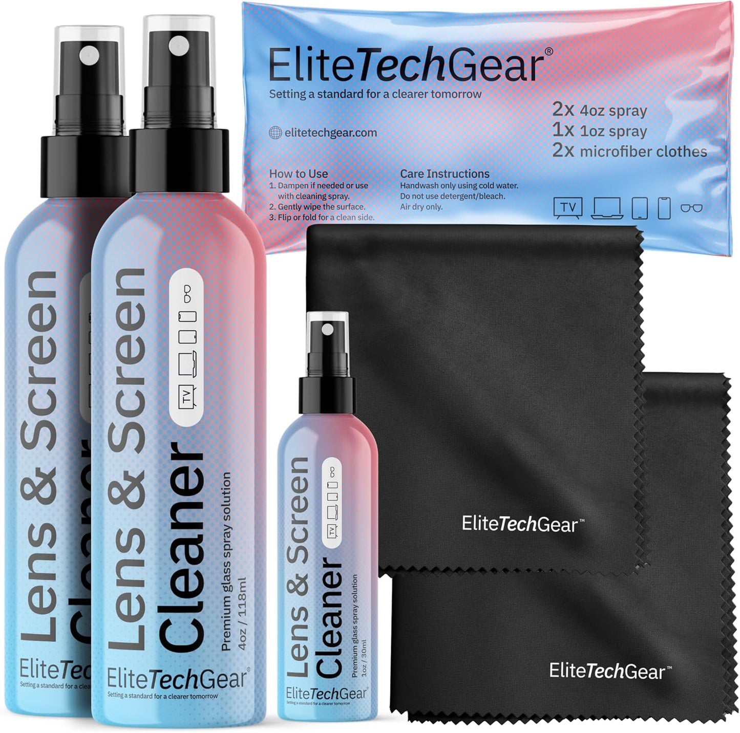 Elite Tech Gear Optical, Screen & Lens Care Kit - 3pc Spray (2x4oz+1oz) with 2 Microfiber Cloths - Alcohol-Free Eyewear Solution - 5pc Glasses Cleaner