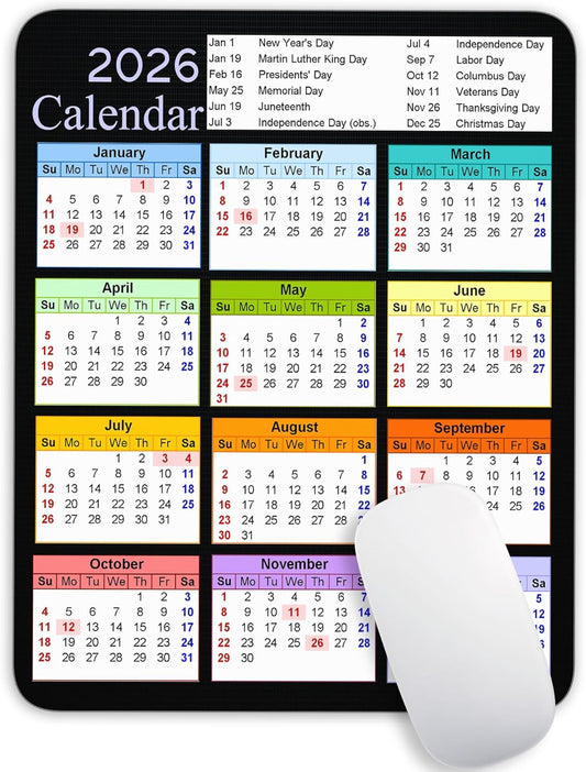 2026 Color Calendar and Holiday Vertical Edition Calendar Mouse pad, Non-Slip Rubber Base Quality Creative Gaming Rectangle Personalized Desk Mouse Pad 9.5 inch x 7.9 inch