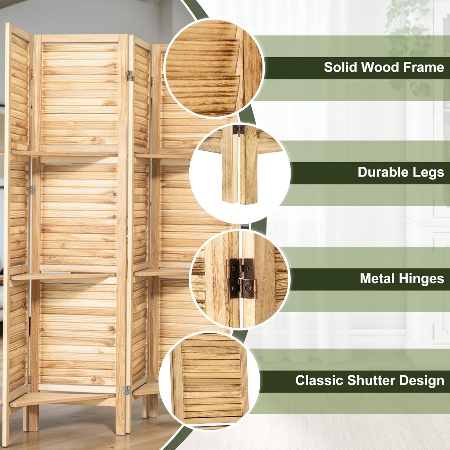 NicBex 4 Panel Room Divider 5.6FT Louvered Design Room Dividers with Display Storage Shelves Folding Privacy Screens Portable Freestanding Partition Wall Dividers for Home Bedroom Office, Natural Wood