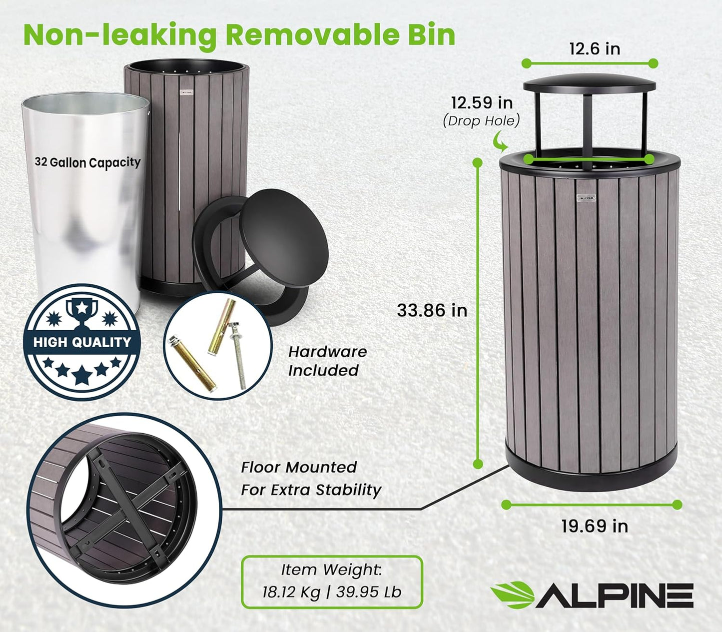 Alpine 32 Gallon Commercial Outdoor Trash Can - Heavy Duty Garbage Can Outdoor, Industrial Trash Can with Plastic Panels for Patio, Parks, Trails & Resorts (Rain Bonnet Lid - Grey)