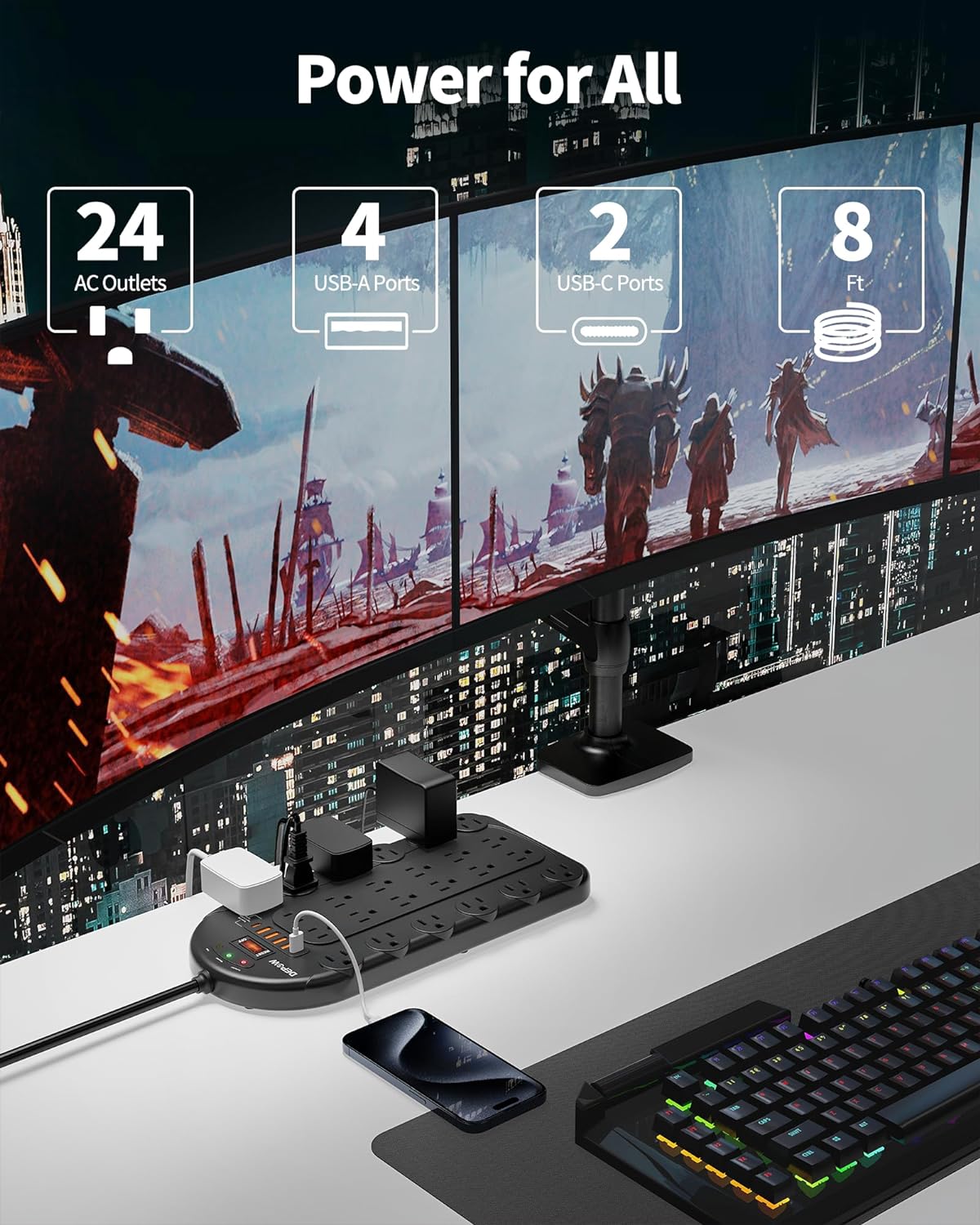 Power Strip, 24 AC Outlets (1875W/15A) with 6 USBs (2 USB-C Ports), ETL Listed, Surge Protector (3,400 Joules), 8 Ft Heavy Duty Flat Plug Extension Cord, Wall Mountable for Home, Office, Black