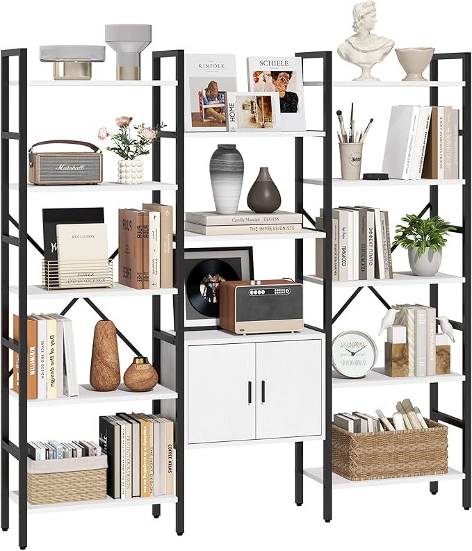 Yusong Bookshelf Triple Wide 5 Tier Bookcases with Storage Cabinet, Industrial Large Modern Tall Bookshelves with 12 Open Display Shelves for Living Room Office Bedroom, White and Black