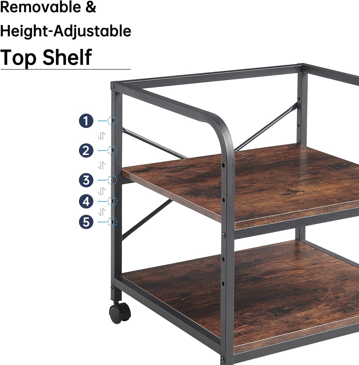 Under Desk Printer Stand, 20 Inches Deep Large Printer Table with Height Adjustable Storage Shelf, 2 Tier Rolling Printer Cart with Wheels for Home Office - Rustic Brown