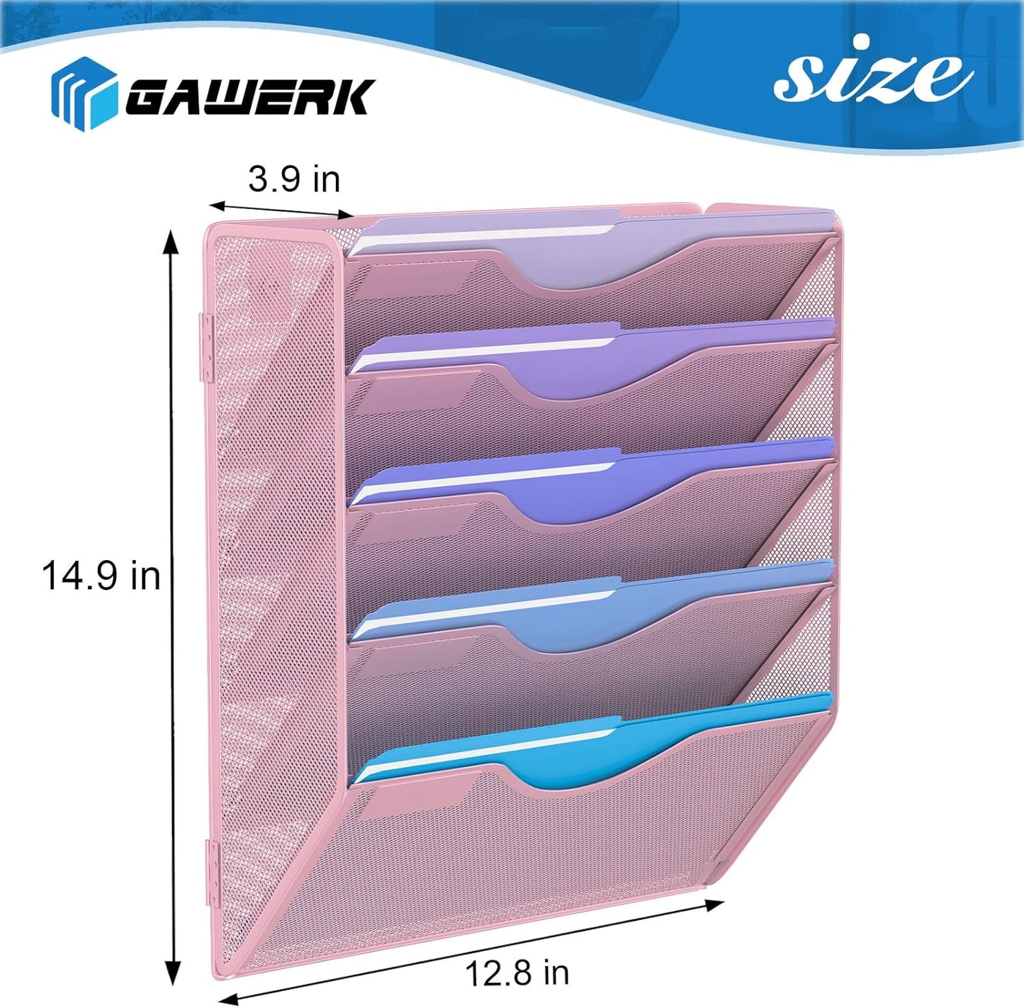 5 Tier Hanging Wall File Organizer, Mesh Mail Paper Orgnization Hanging File Folder Holder for Home Office, Pink