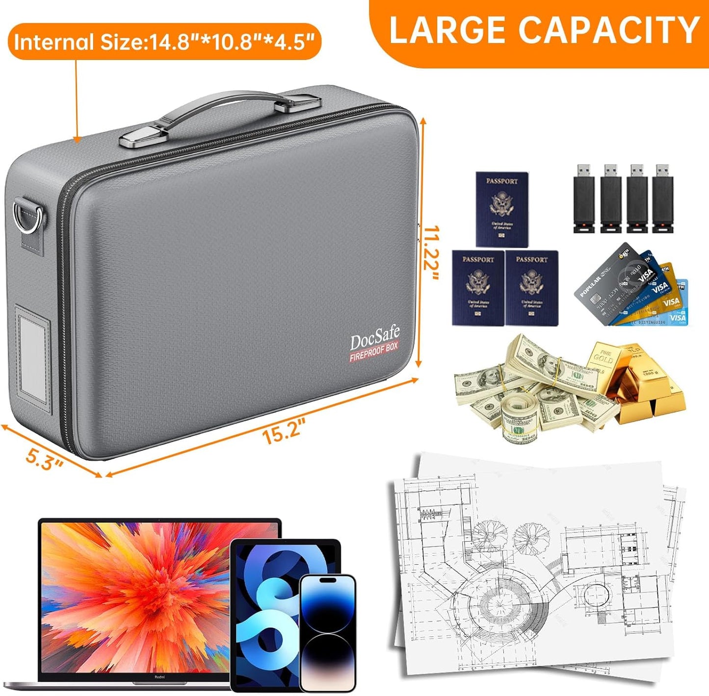 DocSafe Fireproof Document Box with Lock, Hard Case File Organizer with Accordion File Folder, Fireproof Water Resistant Safe Box Home Office Travel Storage for Important Documents Laptop Gray