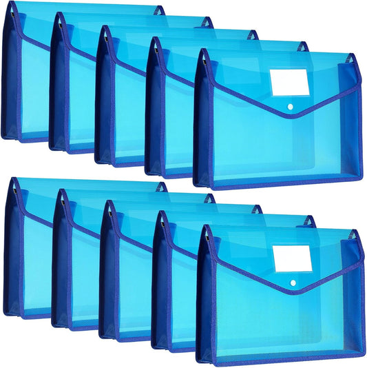 10 Pieces Plastic File Folders Envelope Expanding File Wallet Organizer Documents Folder with Snap Closure and Pocket, A4 Size Waterproof Transparent Pouch(Blue,Horizontal)