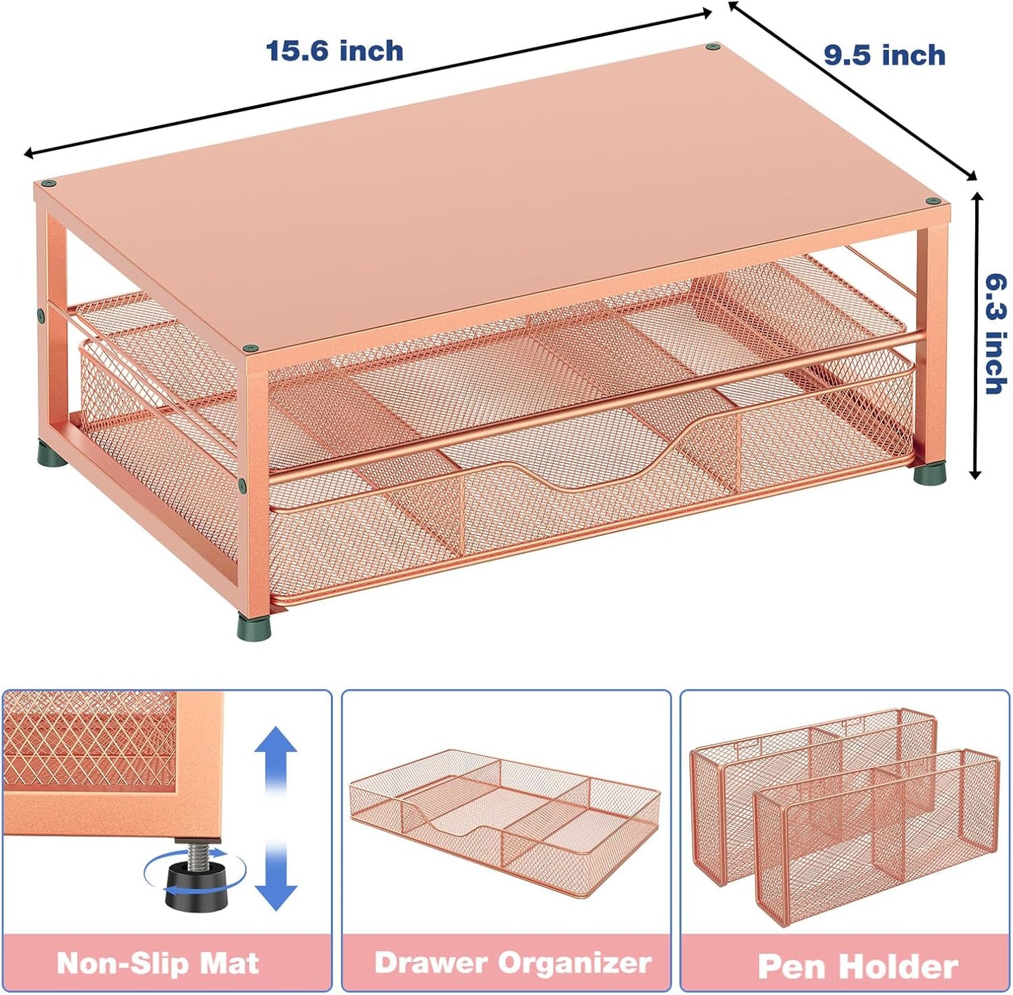 Desk Organizers and Accessories, 2-Tier Computer Monitor Stand with Drawer and 2 Pen Holders, Laptop Stand, Office Desk Accessories for Office Supplies, Rose Gold