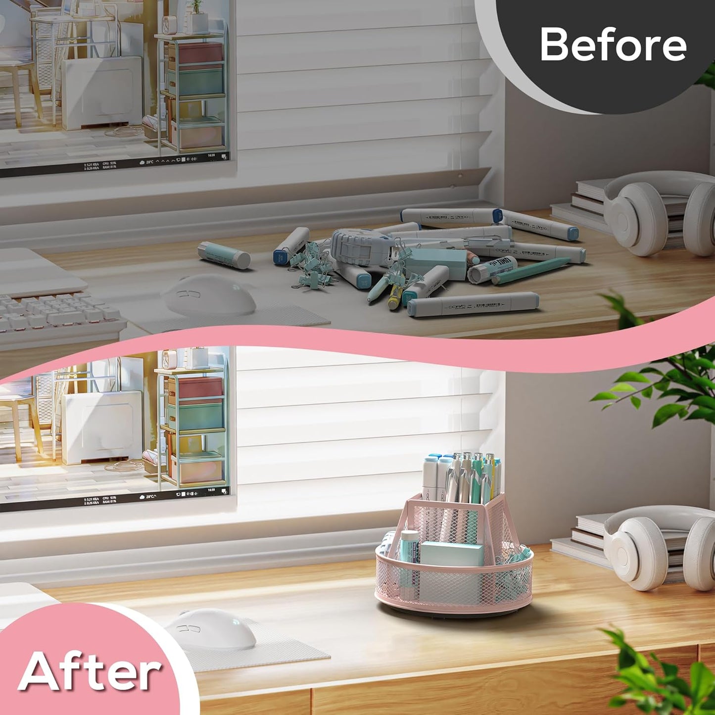 YINGHUA Metal Mesh Desk Organizer with 5 Compartments and Rotating Pencil Holder Pen and Stationery Organizer for Office Home School Anti Slip Base Pink