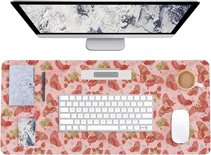 Botanical Floral Desk Pad Blotter,Large Mouse Pad 35 x 17in,PU Leather Desk Mat Writing Pad Protector, Non-Slip Waterprrof,Desktop Decor for Home Office Women Girls (Pink Stawberry Butterfly)