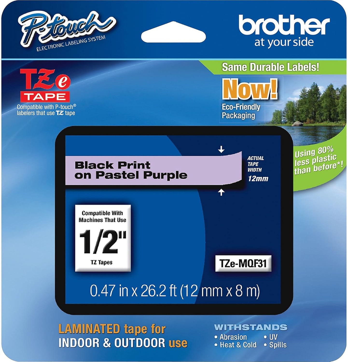 Brother Genuine P-touch TZE-MQF31 Tape, 1/2" (0.47") Wide Standard Laminated Tape, Black on Pastel Purple, Laminated for Indoor or Outdoor Use, Water-Resistant, 0.47" x 26.2' (12mm x 8M), TZEMQF31