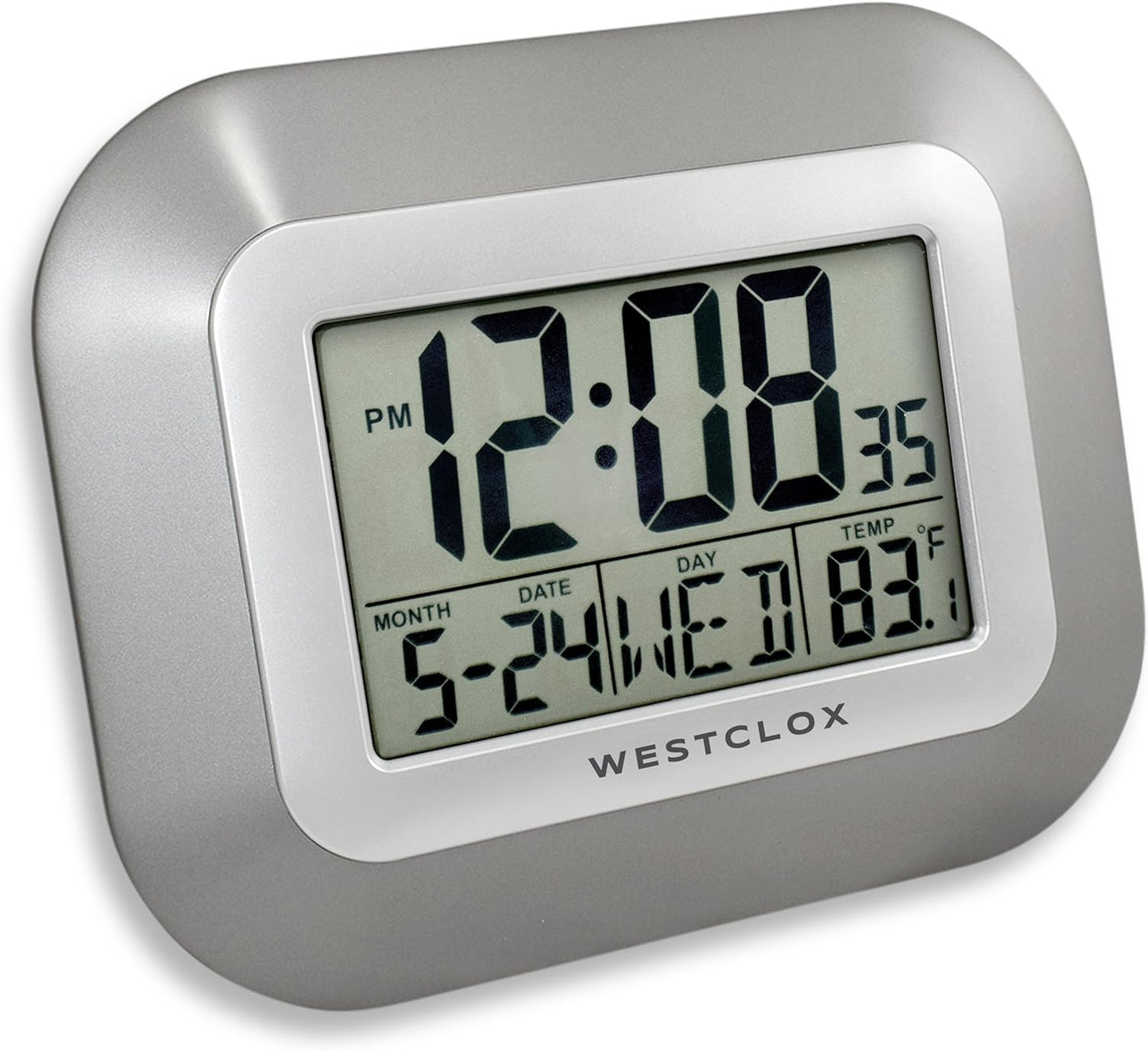 Westclox Large Digital Wall Clock Battery Operated Large Digital Clock with Temperature Date and Day of Week with Alarm | Modern Digital Desk Clock for Office Kitchen Bedroom or Living Room | Silver
