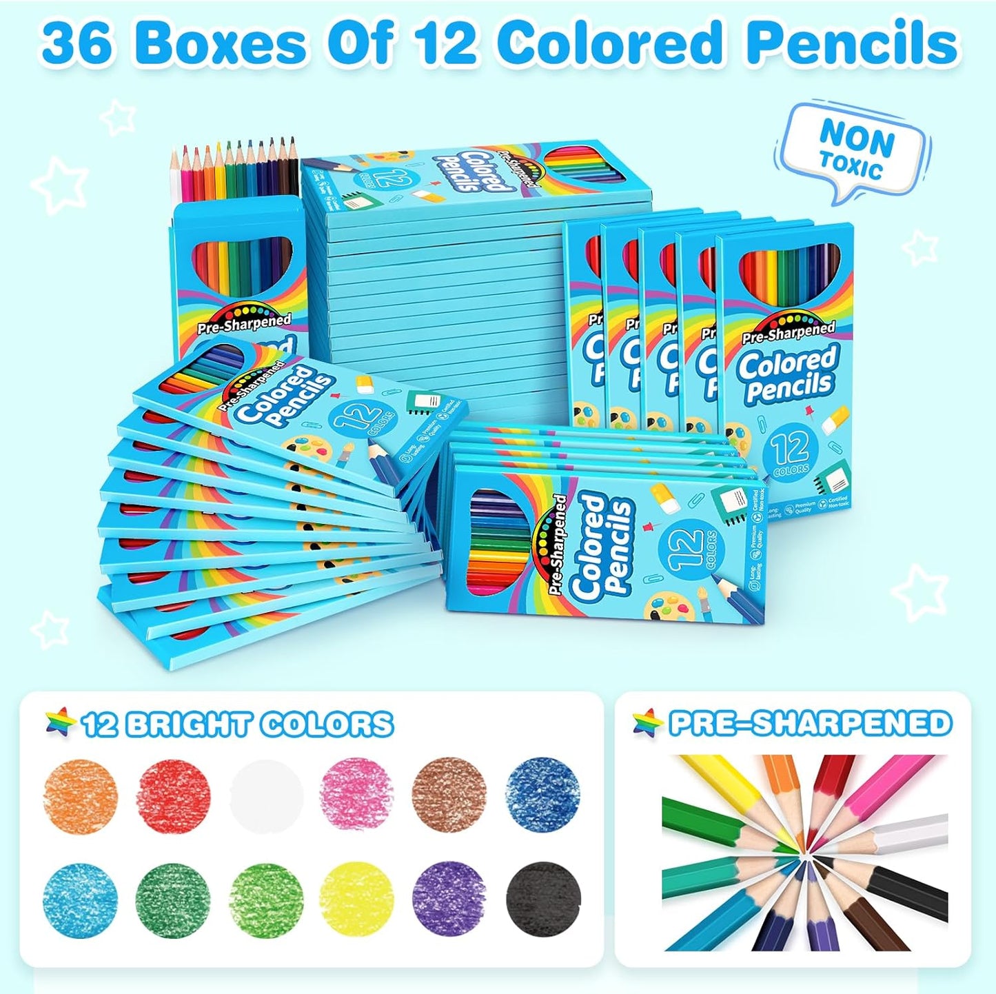 432 Count Colored Pencils Bulk, 36 Pack Colored Pencils for Kids, Pre-sharpened Coloring Pencils in 12 Vibrant Colors, Bulk School Supplies for Teachers, Classroom Prizes, Drawing Art Supplies
