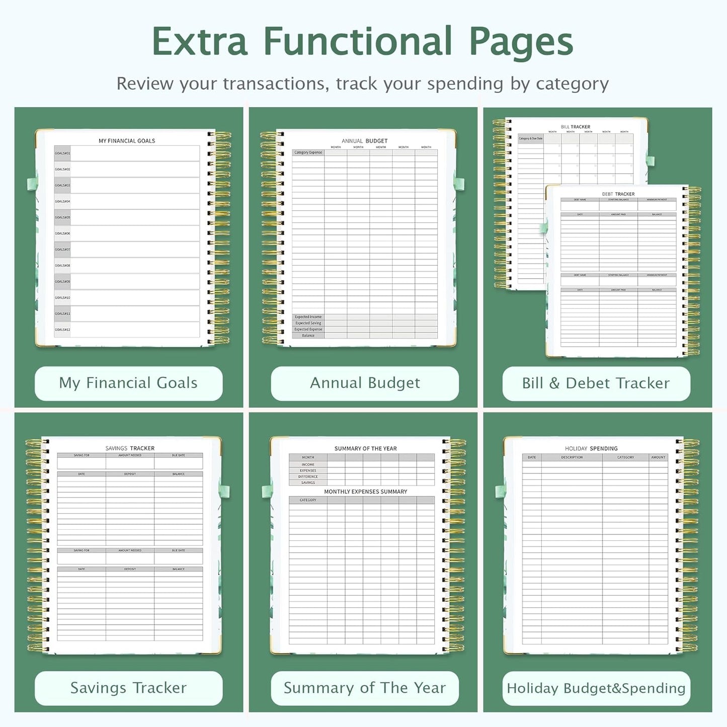 Ospelelf Undated Budget Planner with Expense Tracker and Bill Organizer Large Spiral Bound Monthly Account Planners to Take Control of Your Money 12 Months Green