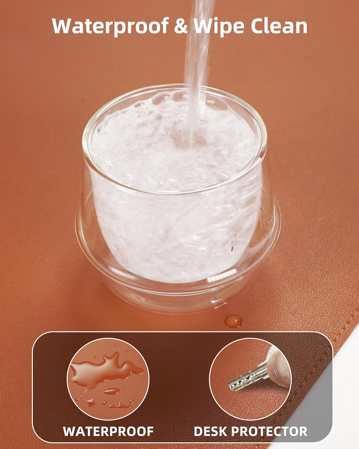 Desk Pad Mat 23.6"x13.7" - Waterproof Mouse Pad & Desk Protector, Non-Slip PU Leather for Gaming Keyboard/Mouse, Stitched Edge XL Office Desk Pad with Ergonomic Support(Brown)