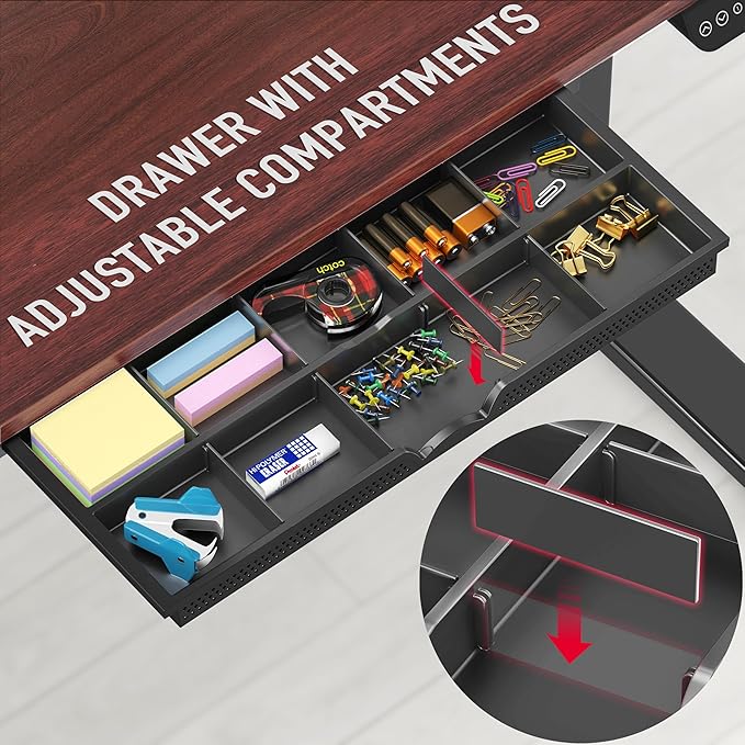 SHW 55 x 28 Inches Electric Height Adjustable Standing Desk with Drawer and Memory Preset, Cherry