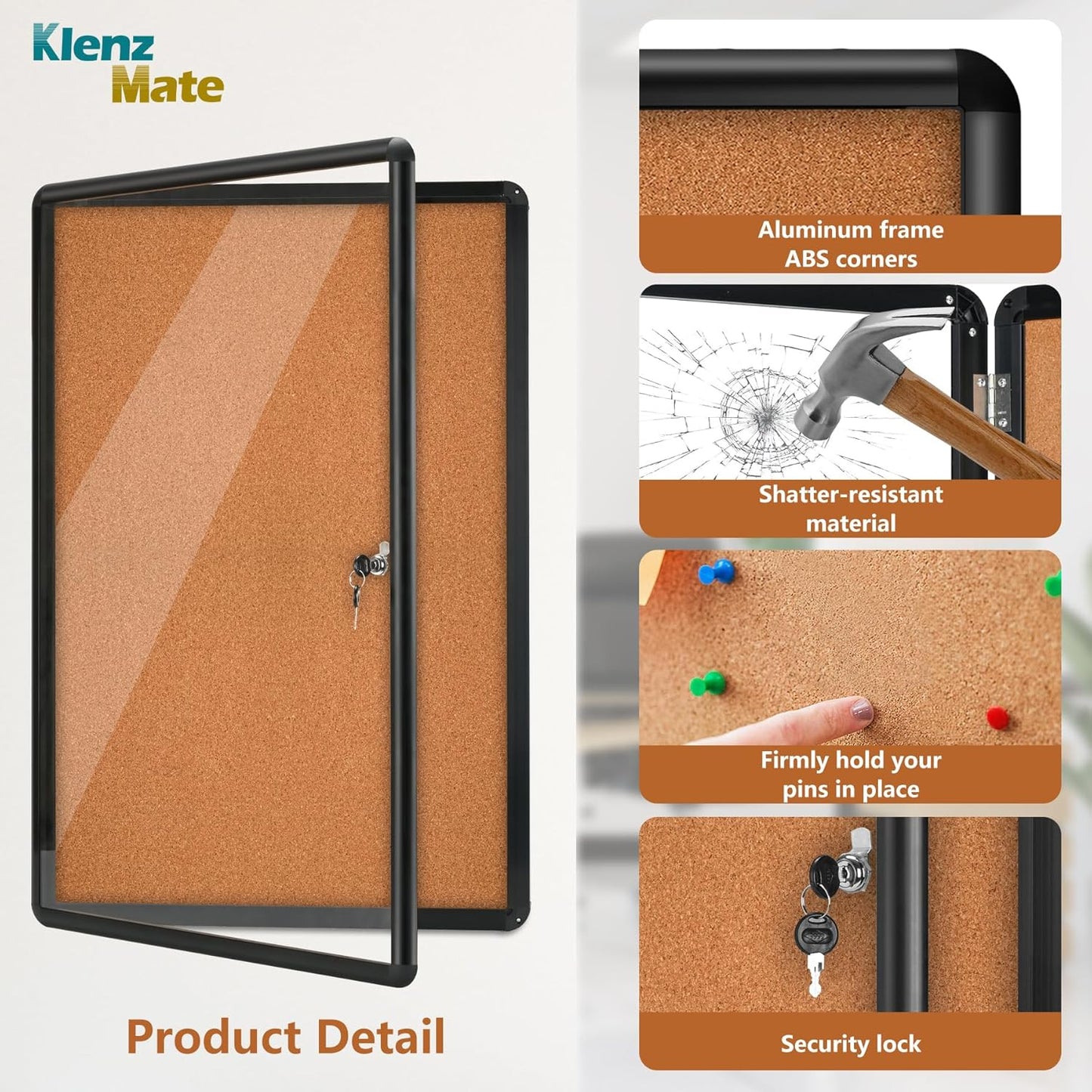 36"x24" Enclosed Cork Bulletin Board Tamper-Proof Dispaly Case,Brown Fabric&Black Aluminium Frame,Shatter Resistant Lockable Bulletin Board with Clear Acrylic Door for School,Office,Community,Hospital