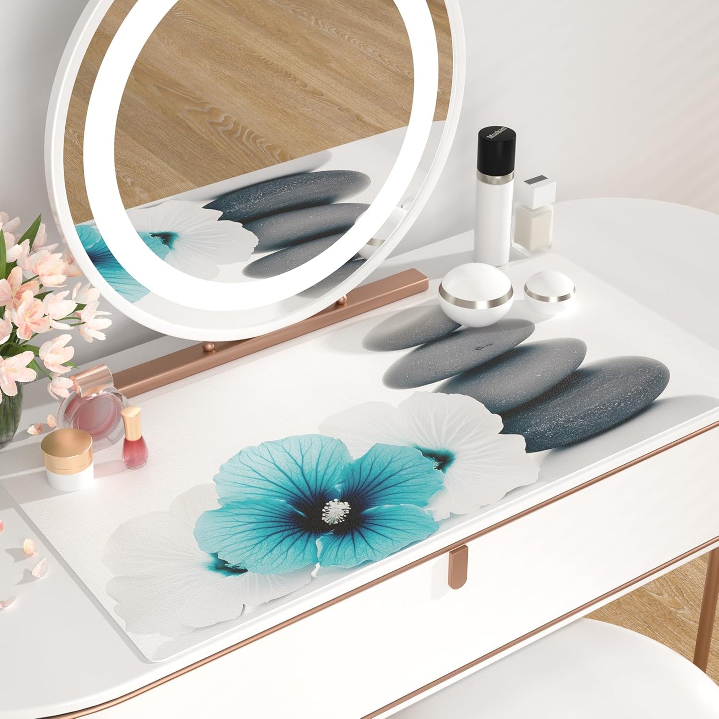 QIYI Desk Pad, Non-Slip PU Leather Desk Blotter Protector, Kids Floral Print Waterproof Computer Desk Mat, Thick Home & Office Large Keyboard Mouse Pad 31.5" x 15.7" - Pebbles & Blue White Flowers