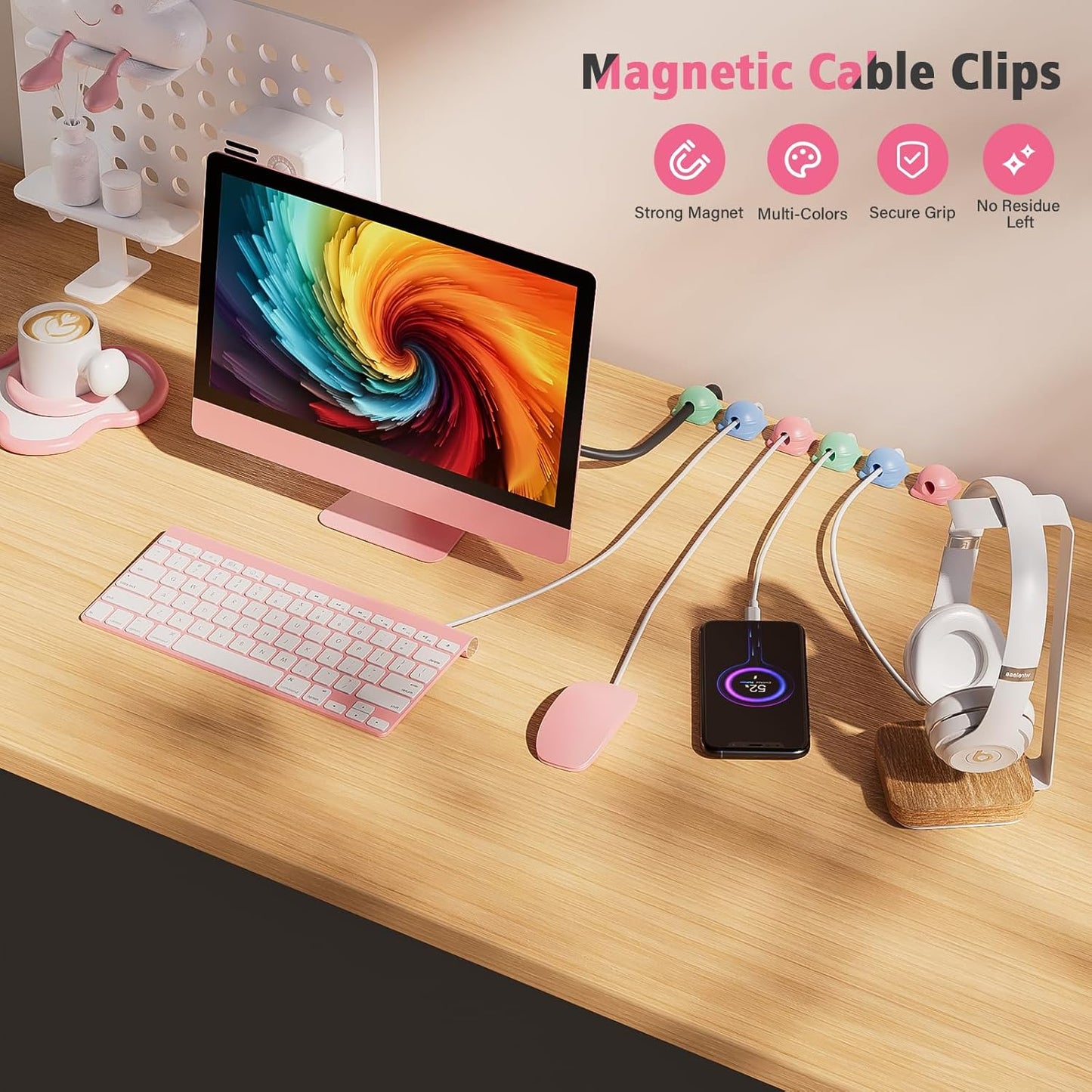 6 Pack Cord Holder Organizer, [1-Handed-Operation] Magnetic Cable Clips, Phone Cord Clips Holder with 2 Extra Reusable Strong Adhesive for Nightstand Desk Car Workspace Office Accessories, Colored