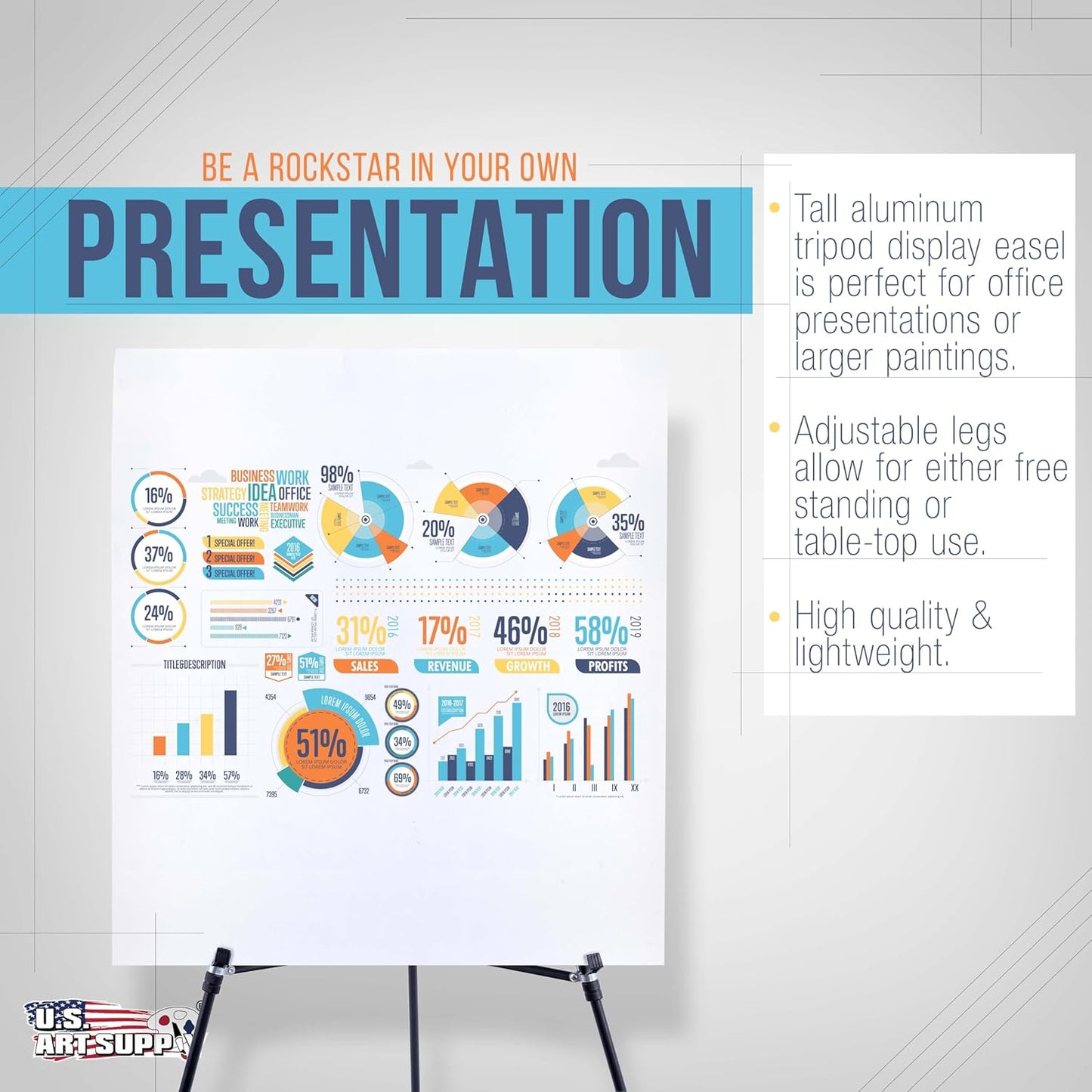 U.S. Art Supply 70" High Showroom XL Silver Metal Display Easel - Large Adjustable Height Portable Easel Stand, Sign Display, Holds 45 lbs - Floor & Tabletop Easels, Painting Stand