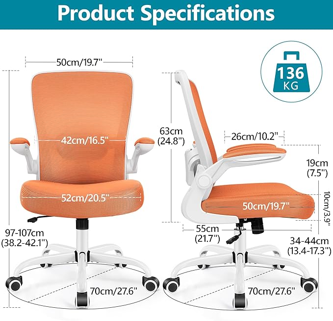 FelixKing Office Chair, Ergonomic Desk Chair Breathable Mesh Chairs with Adjustable High Back Lumbar Support Flip-up Armrests, Executive Swivel Comfy Task Computer Chairs for Home Office Sunset Orange
