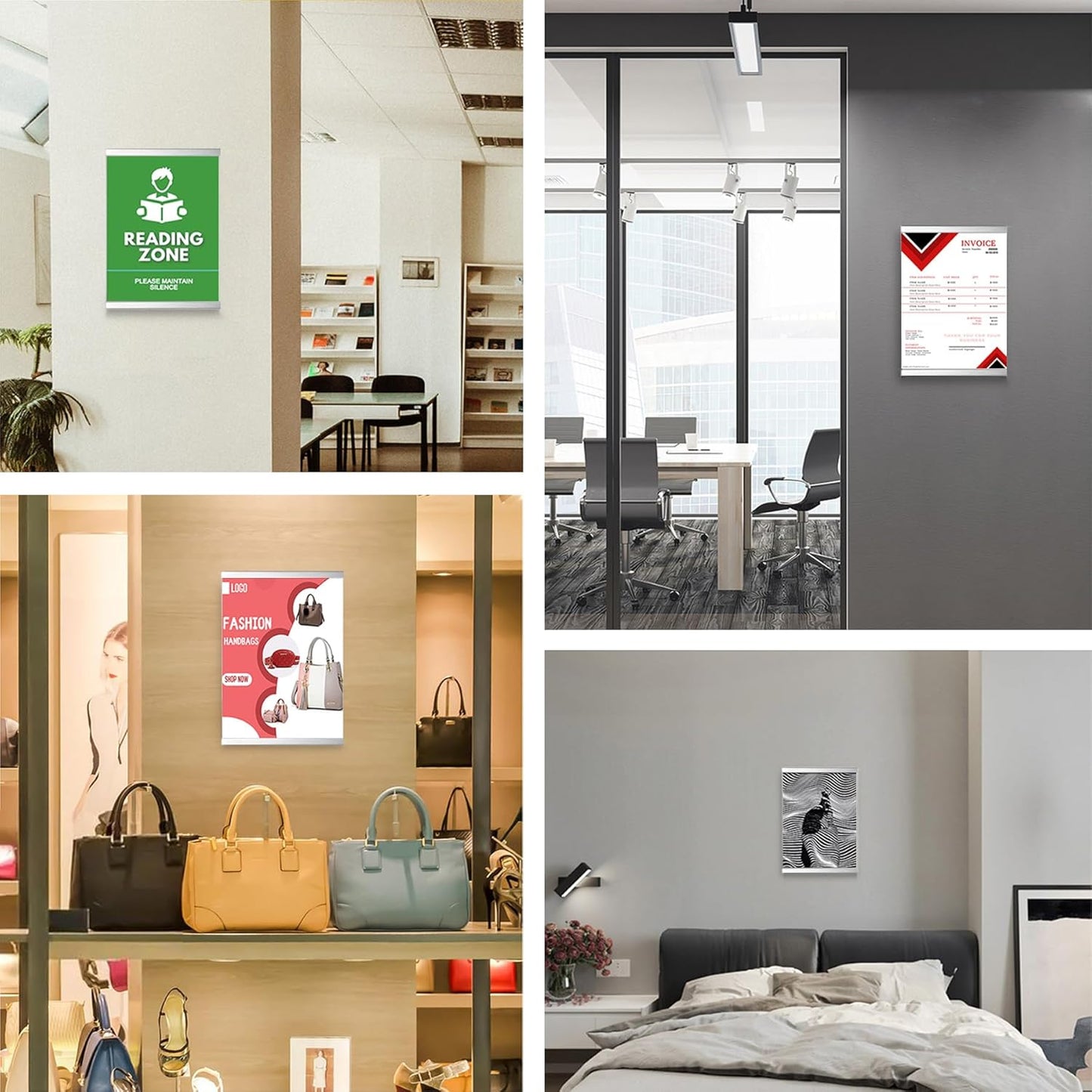 Acrylic Magnetic Sign Holder, Easy-Opening 8.5 x 11 Wall Mount Display Frames, Self Adhesive Back Plastic Clear Document Holder, Silver Aluminium Strips Frame (6Pack)