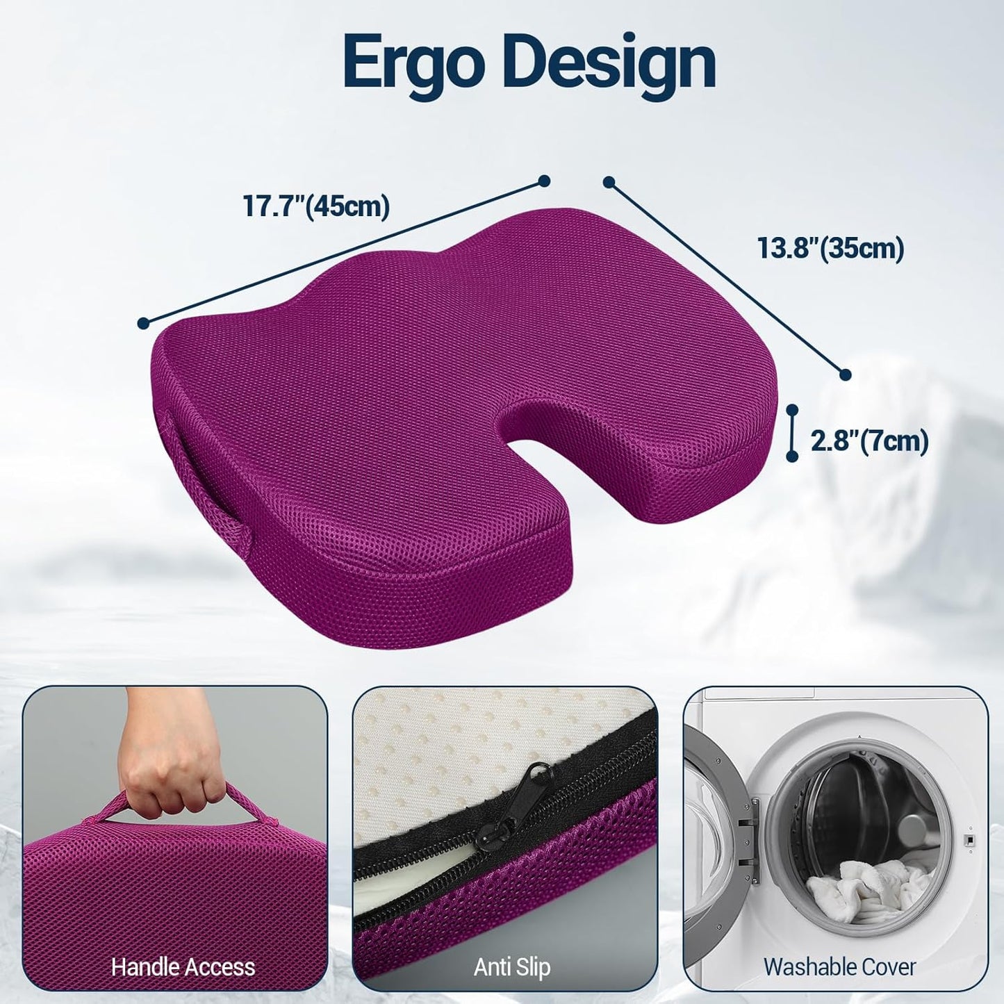 Gel Seat Cushion for Car Office - Memory Foam Pain Relief Chair Pillow Cushions - Tailbone Sciatica Coccyx Butt Lumbar Support Pad for Sitting Driving Traveling, Mesh, Purple