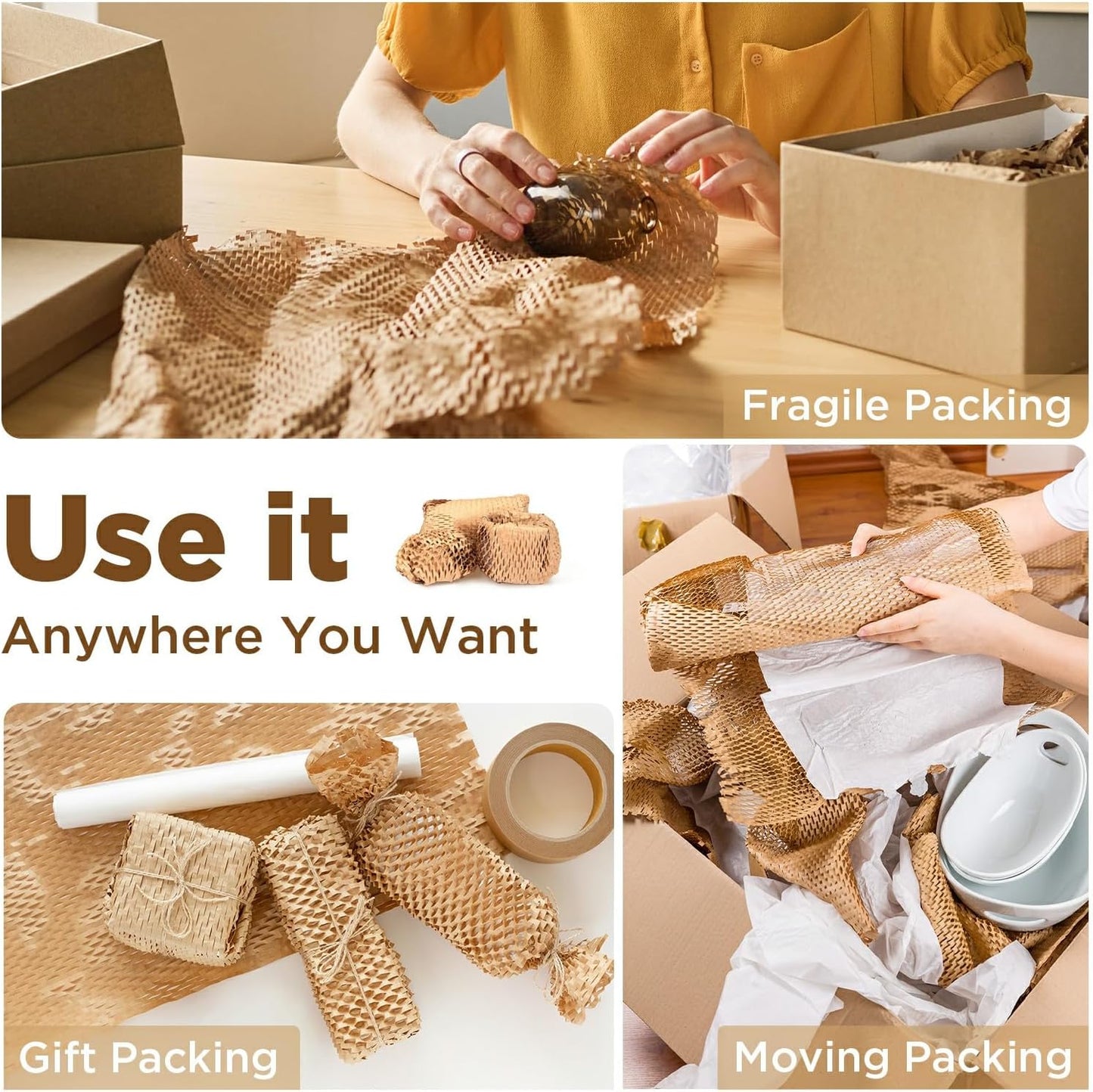 Honeycomb Packing Paper, 12"x100' Brown | Perforated Honeycomb Packing Paper Recyclable Moving Supplies for Shipping & Moving | Plastic-Free Alternative to Bubble Cushion Wrap with 36 Fragile Stickers
