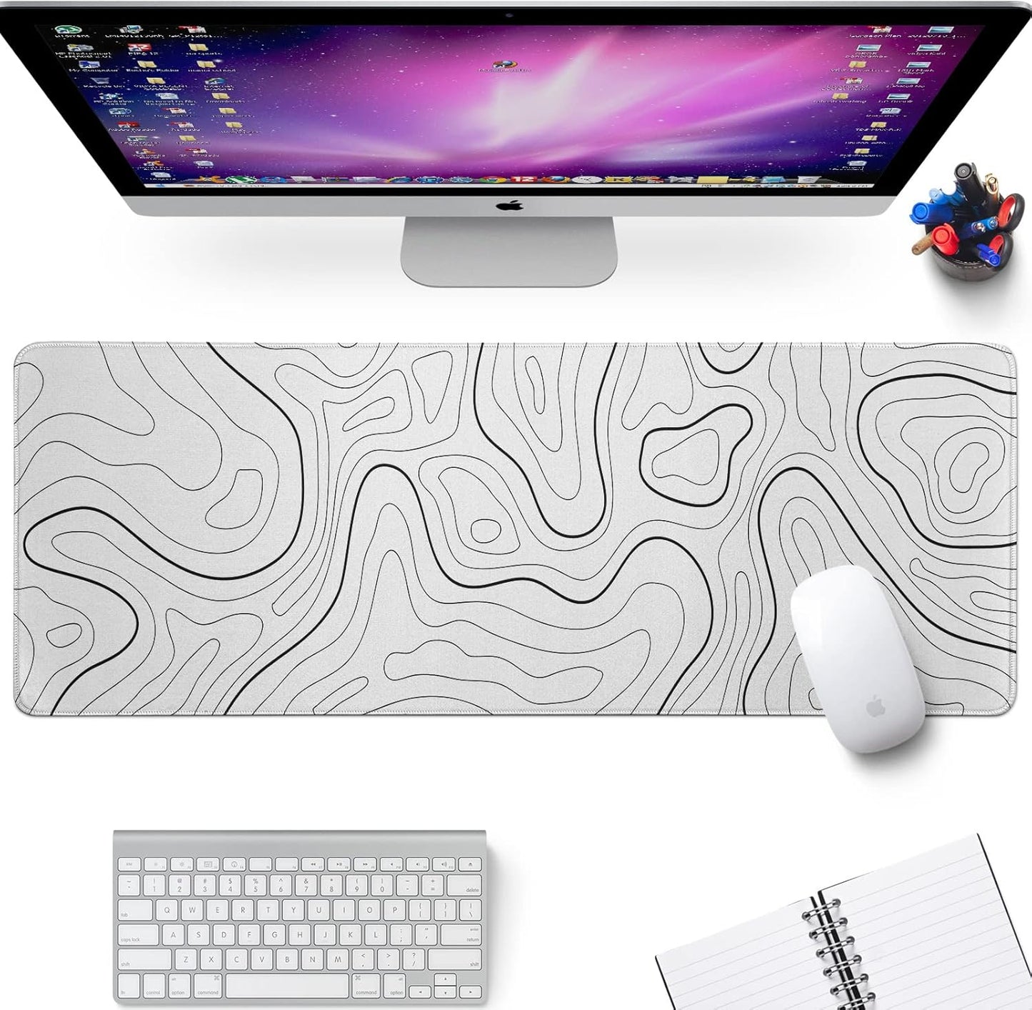 White Big Mousepad for Gaming Large Topographic Map Washable Desk Pad with Stitched Edge Office Supplies and Decor 31.5''x11.8'' Computer Keyboard Protector